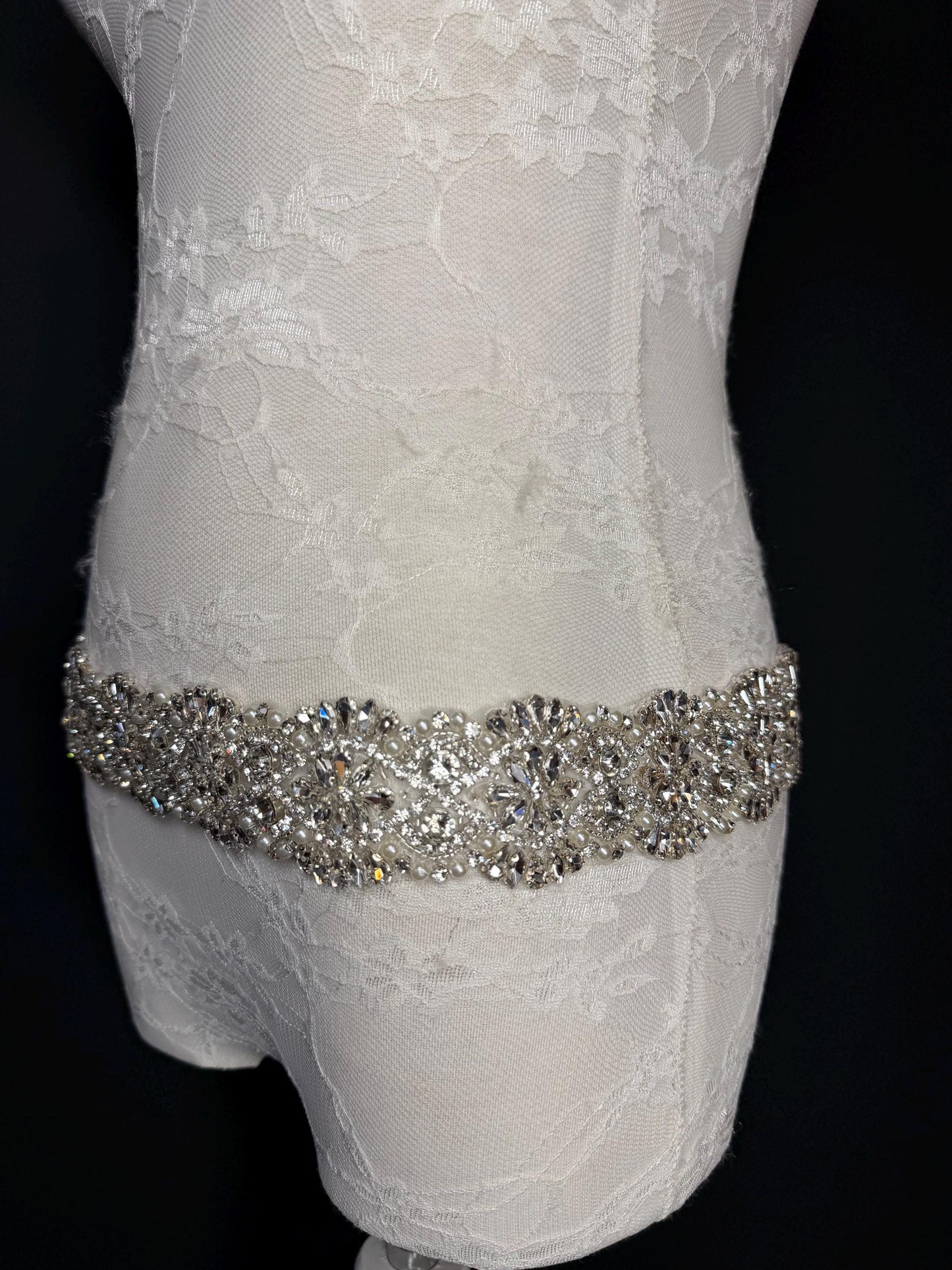 Handmade Crystal Rhinestone Pearl Bridal Belt, Silver Diamanté Sash 5cm 2”