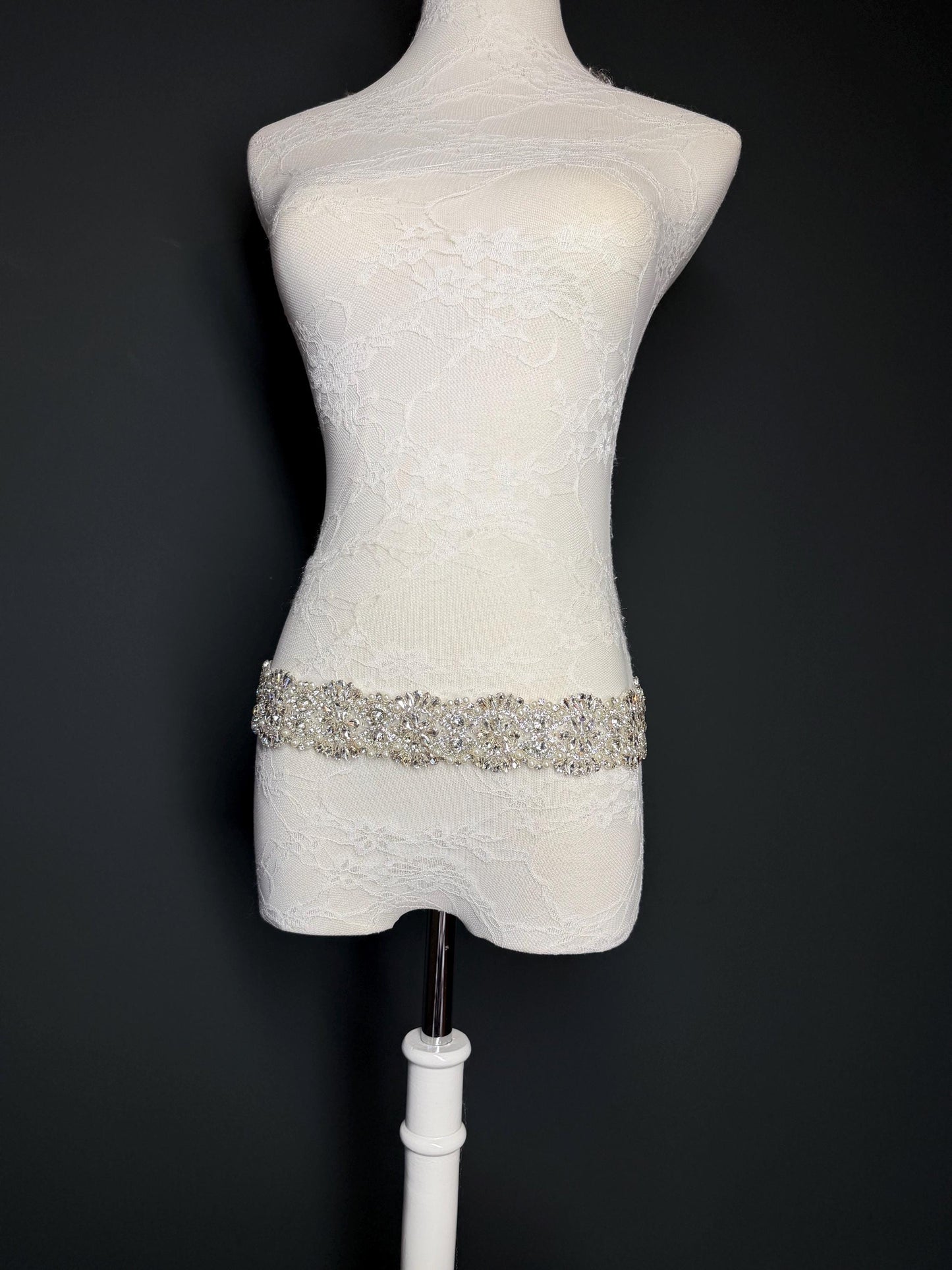 Handmade Crystal Rhinestone Pearl Bridal Belt, Silver Diamanté Sash 5cm 2”