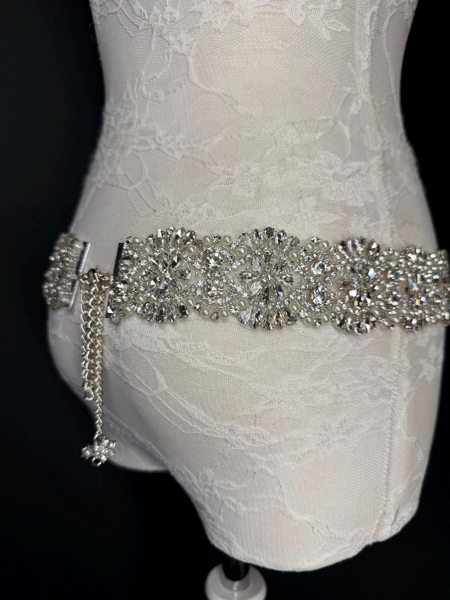 Handmade Crystal Rhinestone Pearl Bridal Belt, Silver Diamanté Sash 5cm 2”
