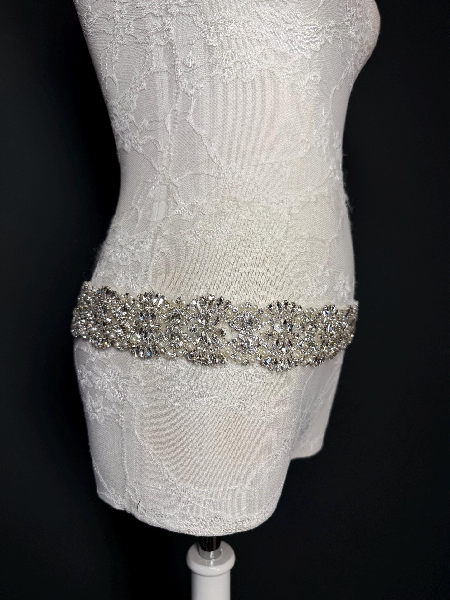 Handmade Crystal Rhinestone Pearl Bridal Belt, Silver Diamanté Sash 5cm 2”