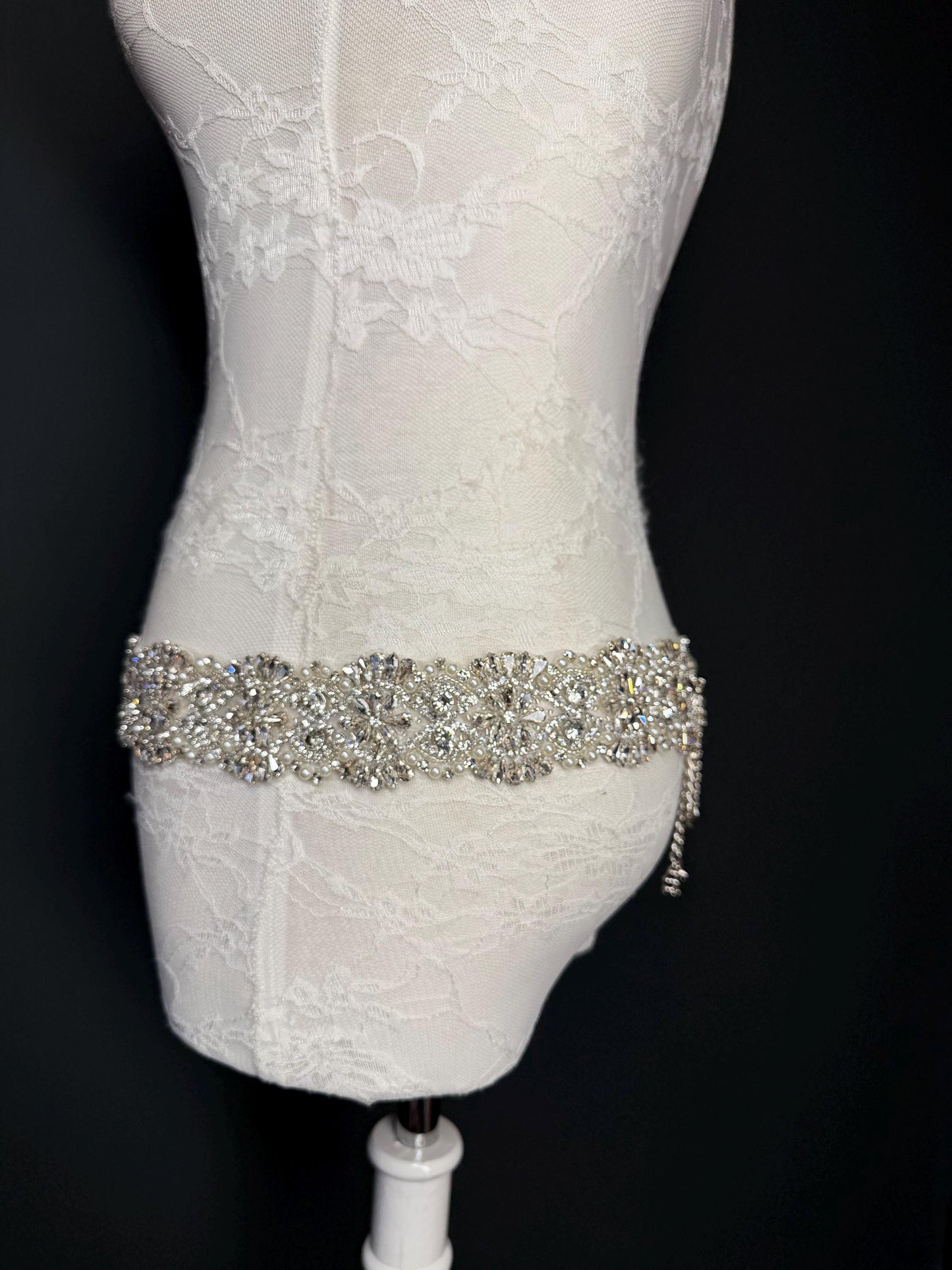 Handmade Crystal Rhinestone Pearl Bridal Belt, Silver Diamanté Sash 5cm 2”