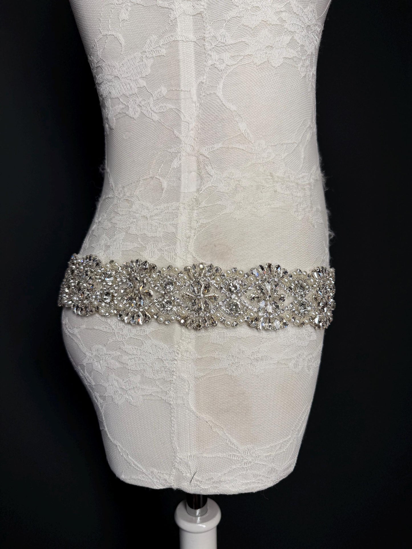 Handmade Crystal Rhinestone Pearl Bridal Belt, Silver Diamanté Sash 5cm 2”