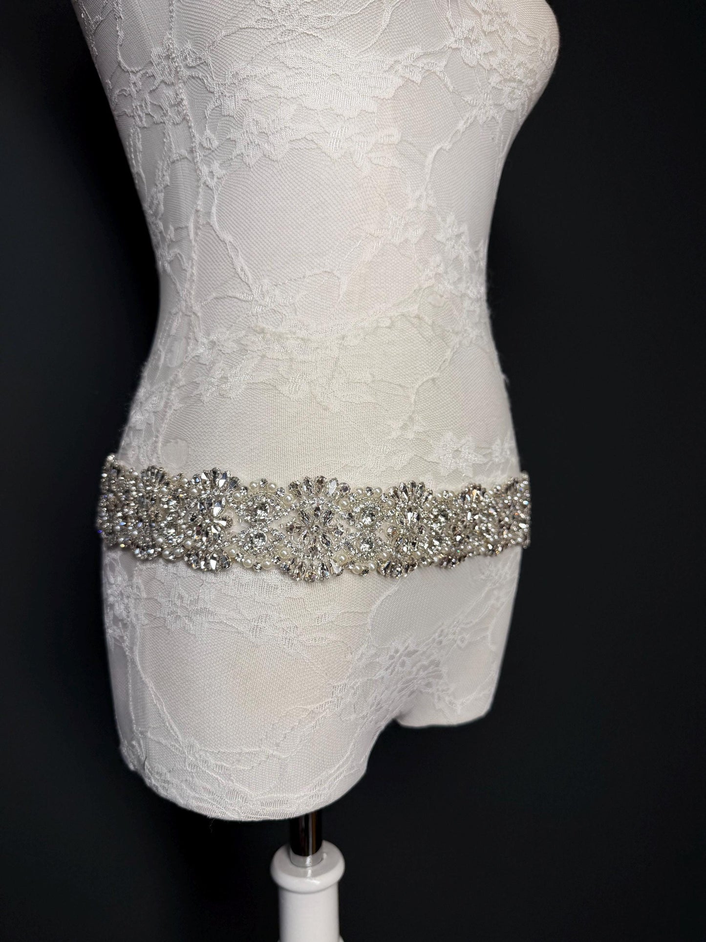 Handmade Crystal Rhinestone Pearl Bridal Belt, Silver Diamanté Sash 5cm 2”