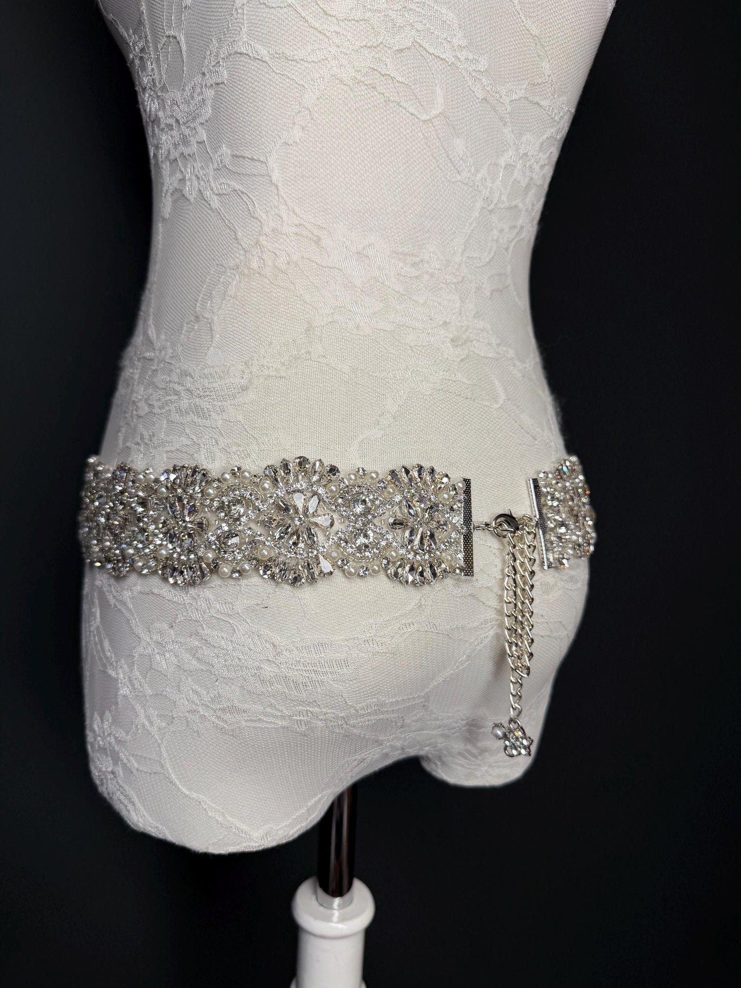 Handmade Crystal Rhinestone Pearl Bridal Belt, Silver Diamanté Sash 5cm 2”