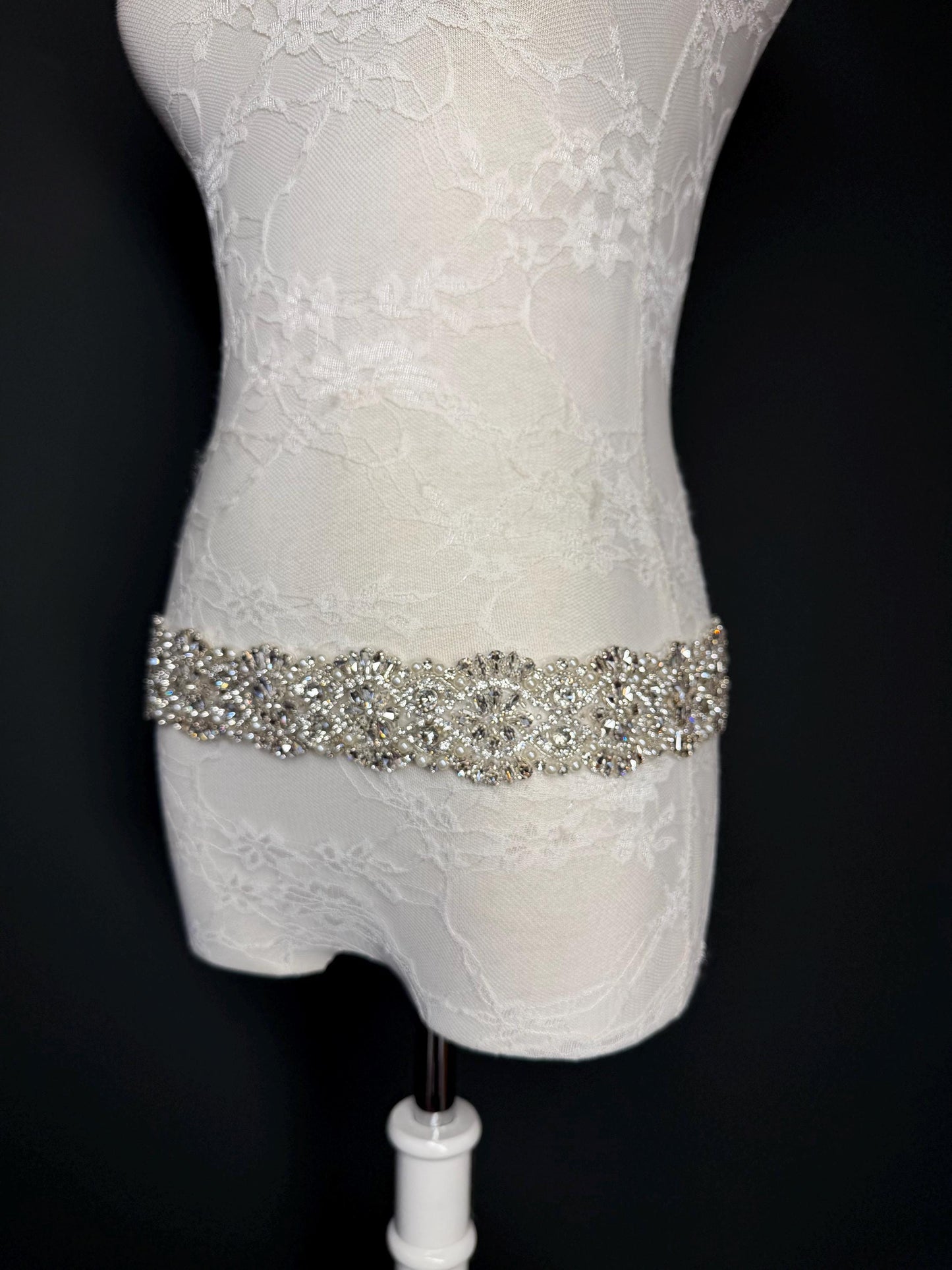Handmade Crystal Rhinestone Pearl Bridal Belt, Silver Diamanté Sash 5cm 2”