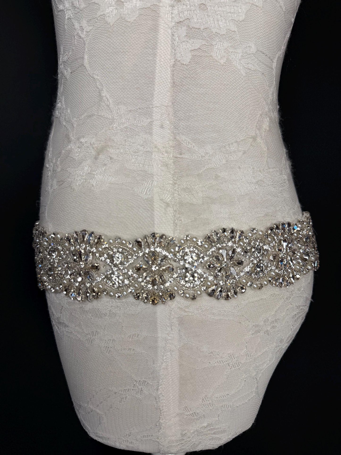 Handmade Crystal Rhinestone Pearl Bridal Belt, Silver Diamanté Sash 5cm 2”
