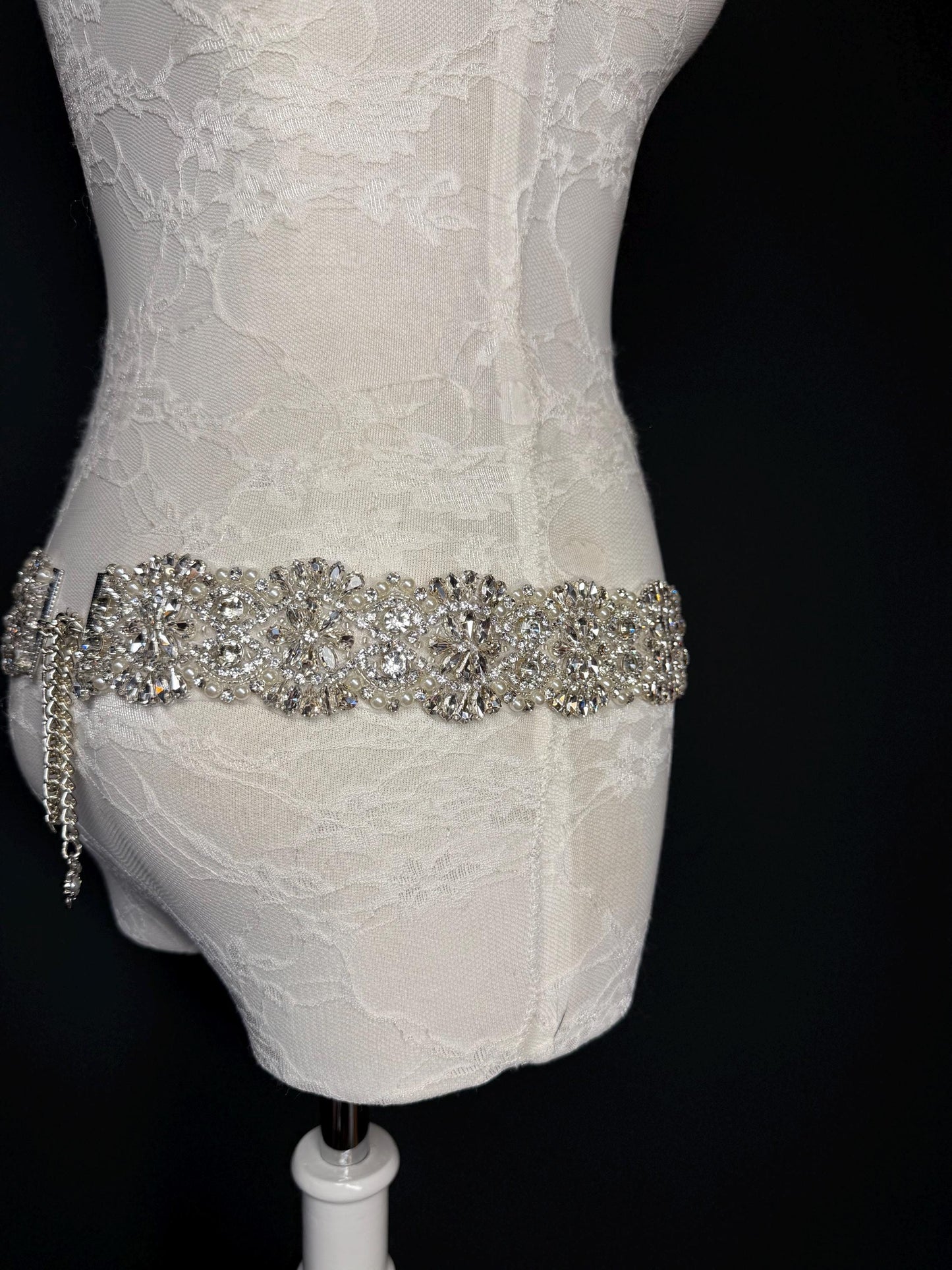 Handmade Crystal Rhinestone Pearl Bridal Belt, Silver Diamanté Sash 5cm 2”