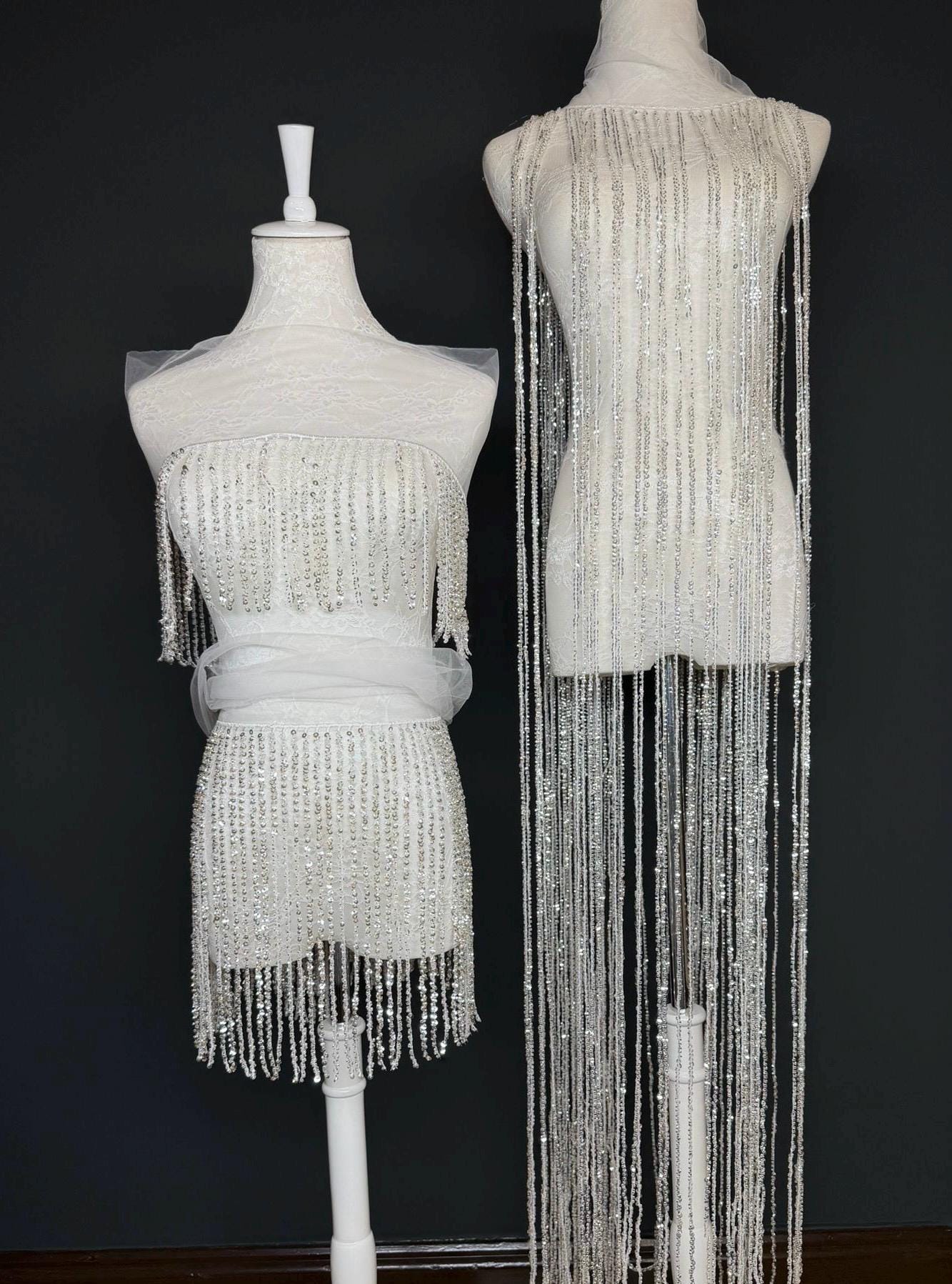 White Beaded Fringe, 3 sizes, 4 colours, 52”, 12”, 6”, Black, Champagne, Gold