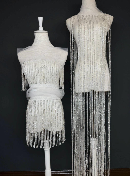 White Beaded Fringe, 3 sizes, 4 colours, 52”, 12”, 6”, Black, Champagne, Gold