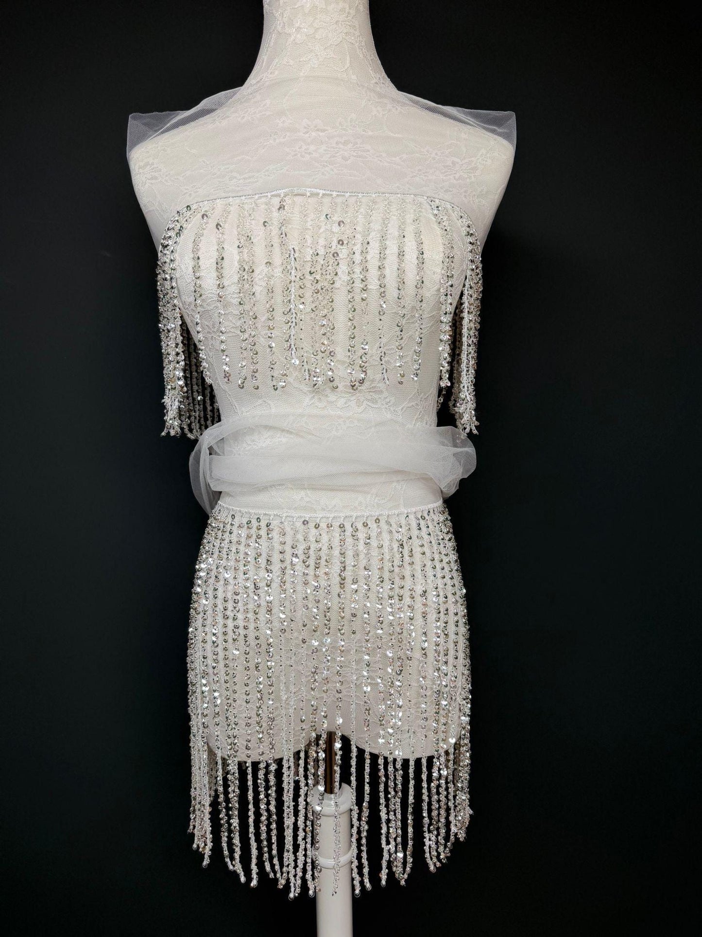 White Beaded Fringe, 3 sizes, 4 colours, 52”, 12”, 6”, Black, Champagne, Gold