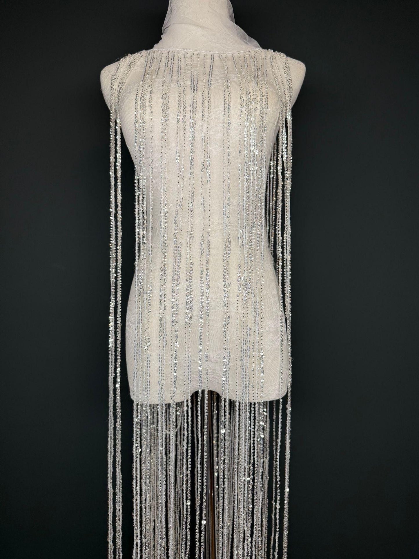 White Beaded Fringe, 3 sizes, 4 colours, 52”, 12”, 6”, Black, Champagne, Gold