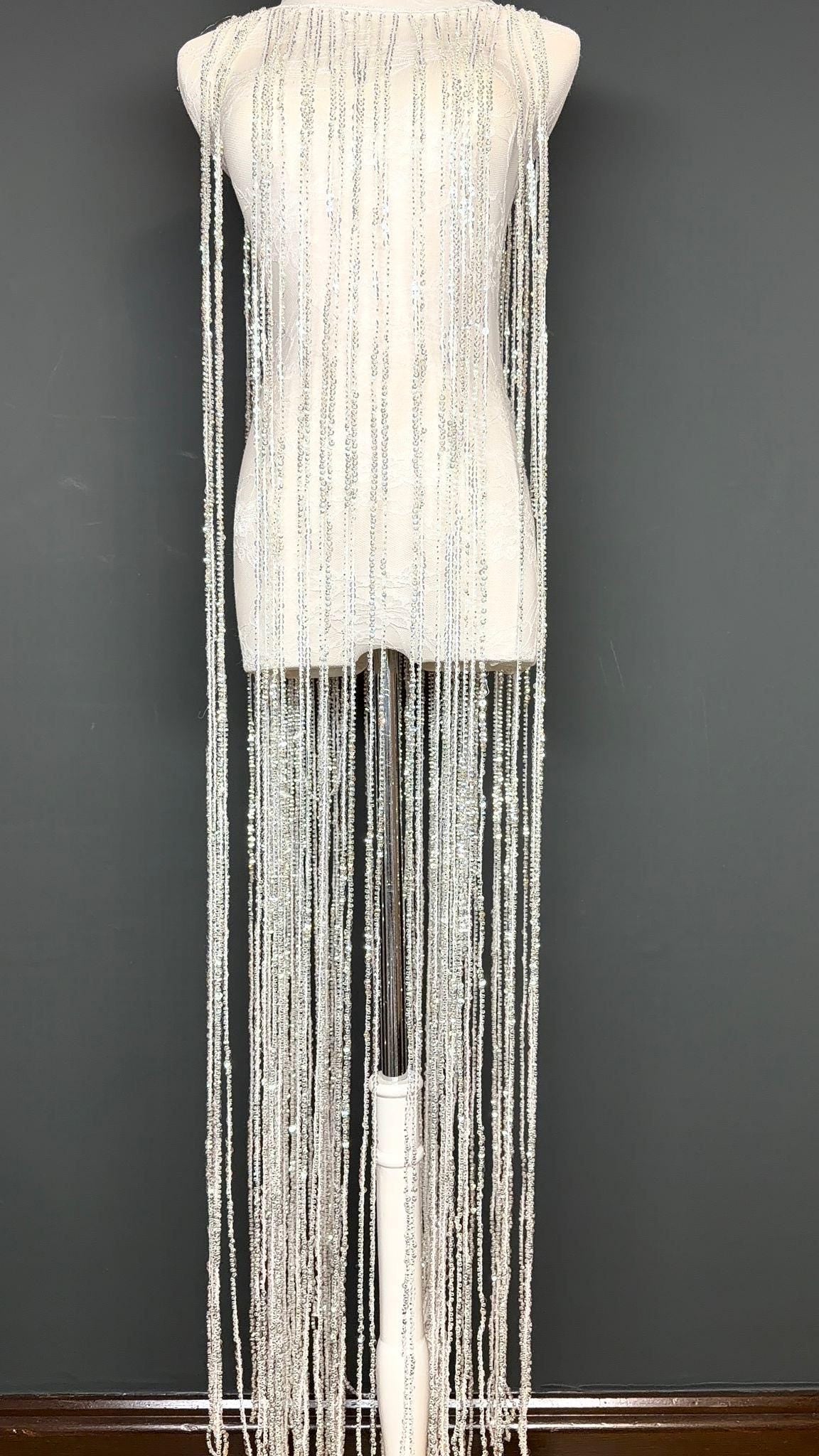 White Beaded Fringe, 3 sizes, 4 colours, 52”, 12”, 6”, Black, Champagne, Gold
