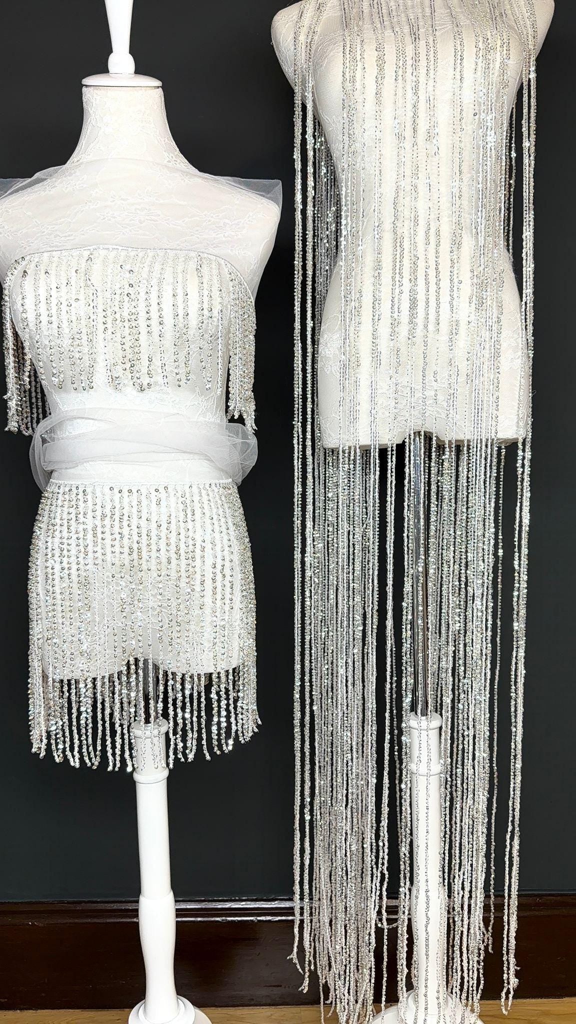 White Beaded Fringe, 3 sizes, 4 colours, 52”, 12”, 6”, Black, Champagne, Gold