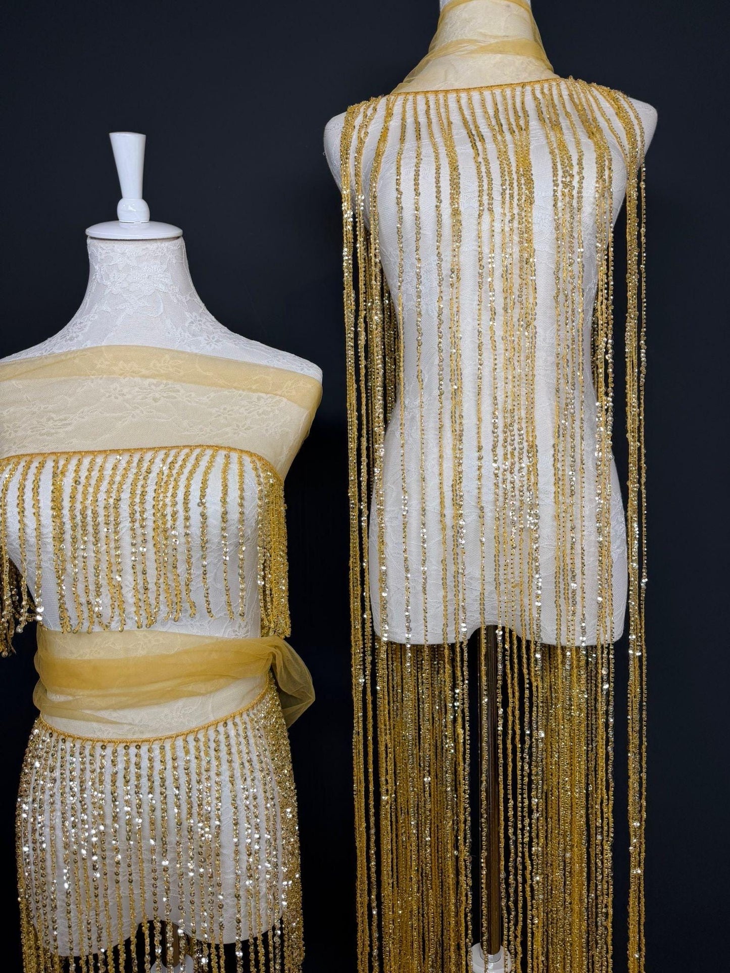 White Beaded Fringe, 3 sizes, 4 colours, 52”, 12”, 6”, Black, Champagne, Gold