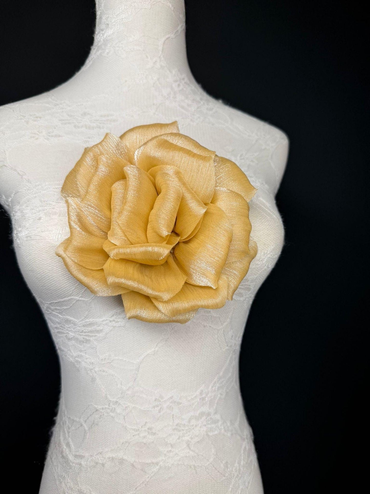 Gold Handmade Organza Corsage Flower, Pin-On Brooch (6" Wide)