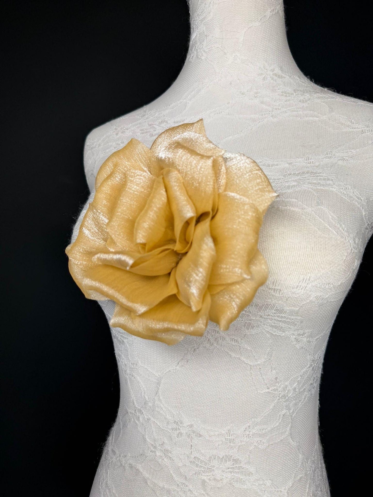 Gold Handmade Organza Corsage Flower, Pin-On Brooch (6" Wide)