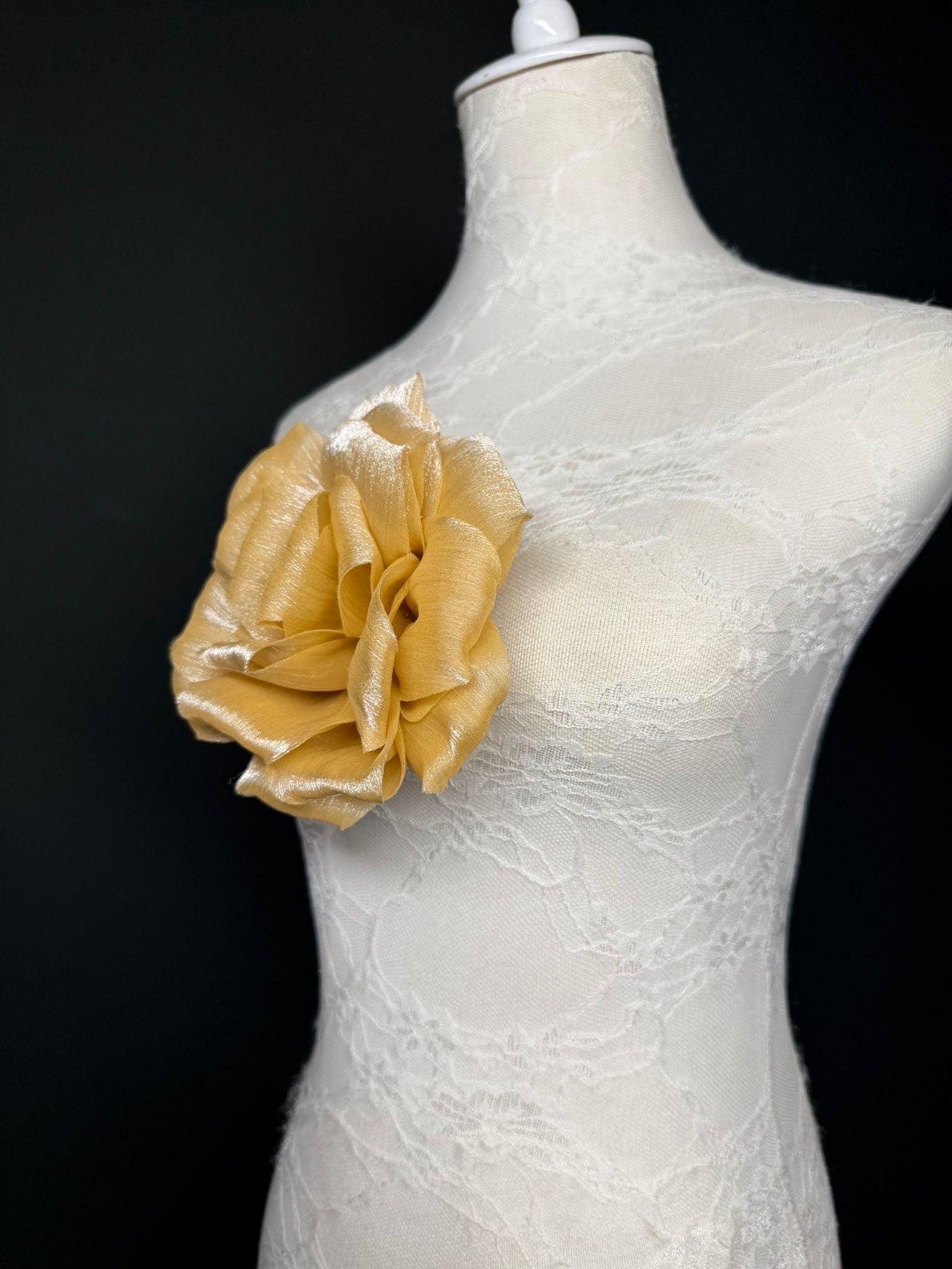 Gold Handmade Organza Corsage Flower, Pin-On Brooch (6" Wide)