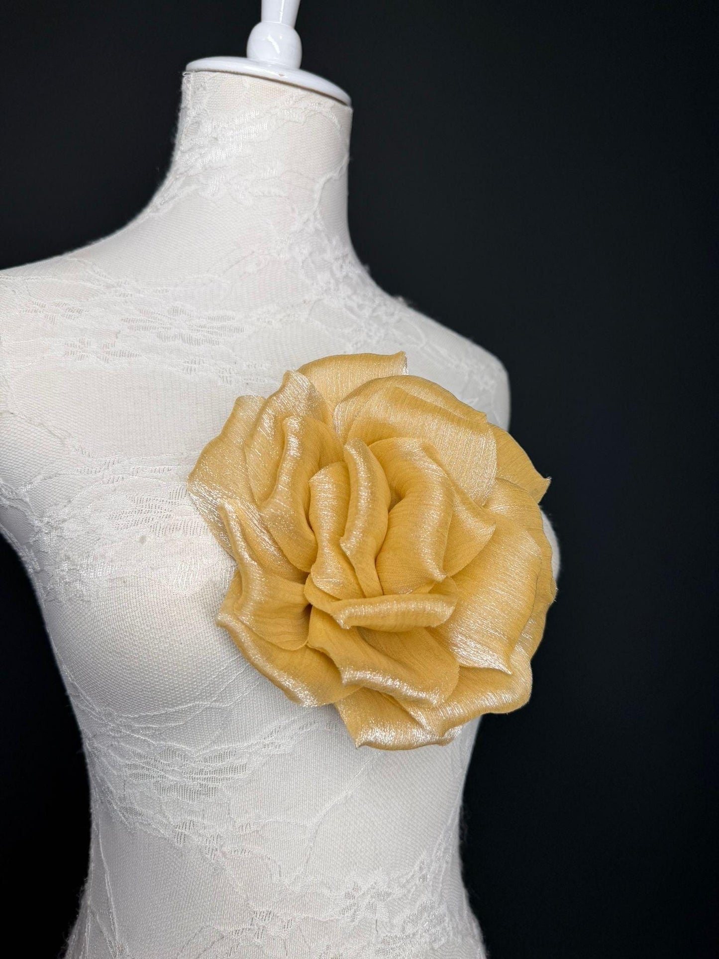 Gold Handmade Organza Corsage Flower, Pin-On Brooch (6" Wide)