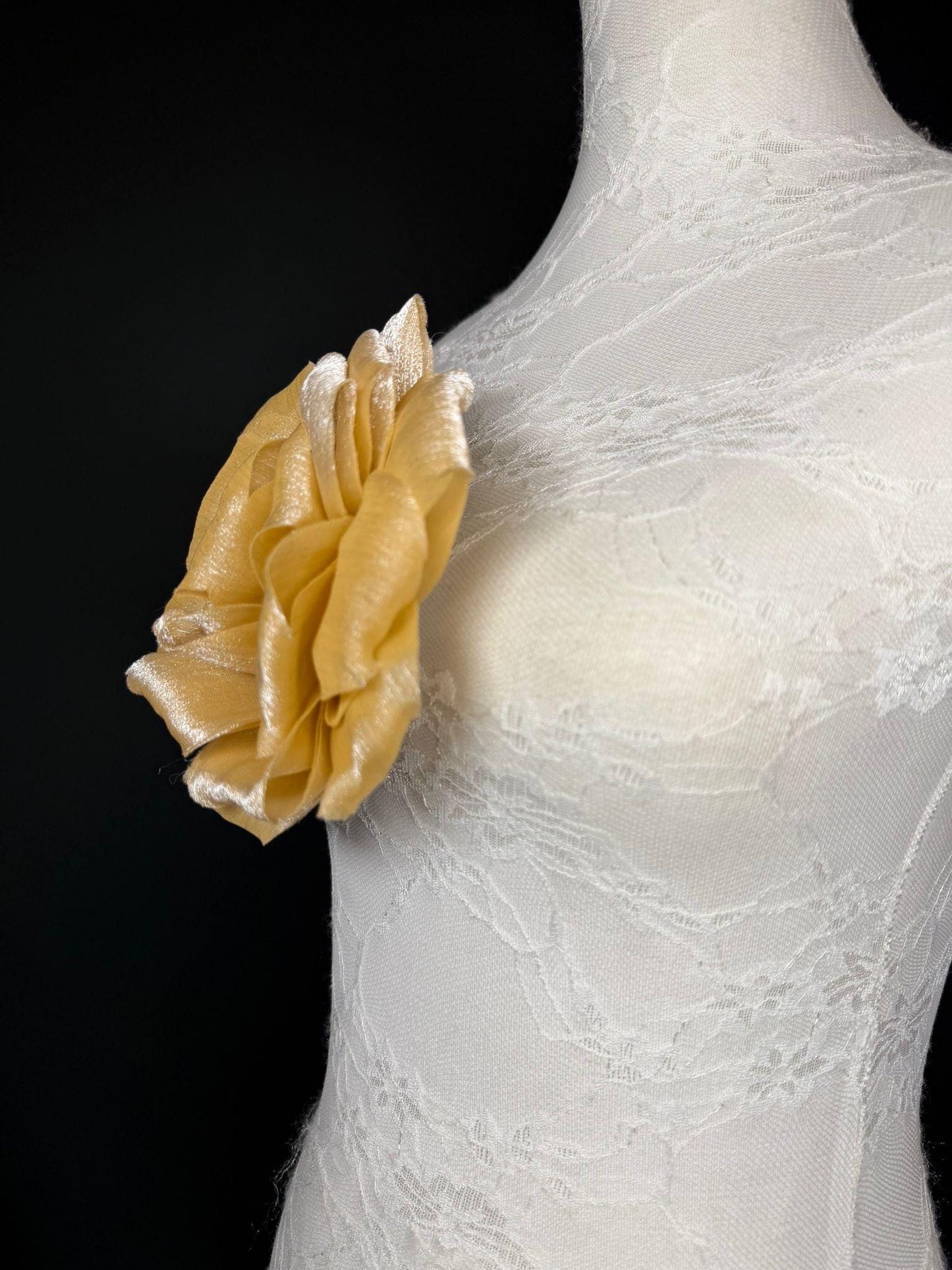 Gold Handmade Organza Corsage Flower, Pin-On Brooch (6" Wide)