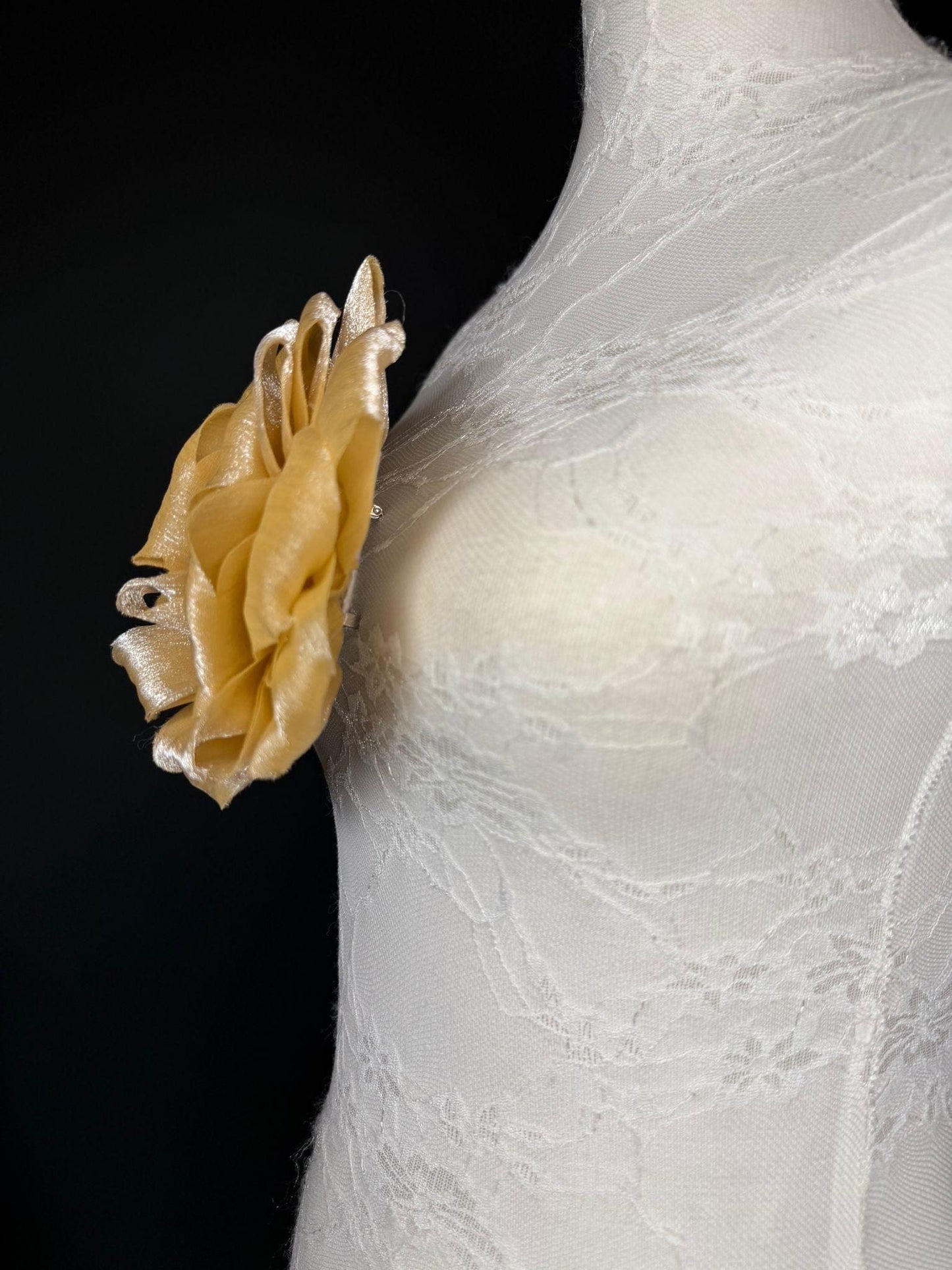 Gold Handmade Organza Corsage Flower, Pin-On Brooch (6" Wide)