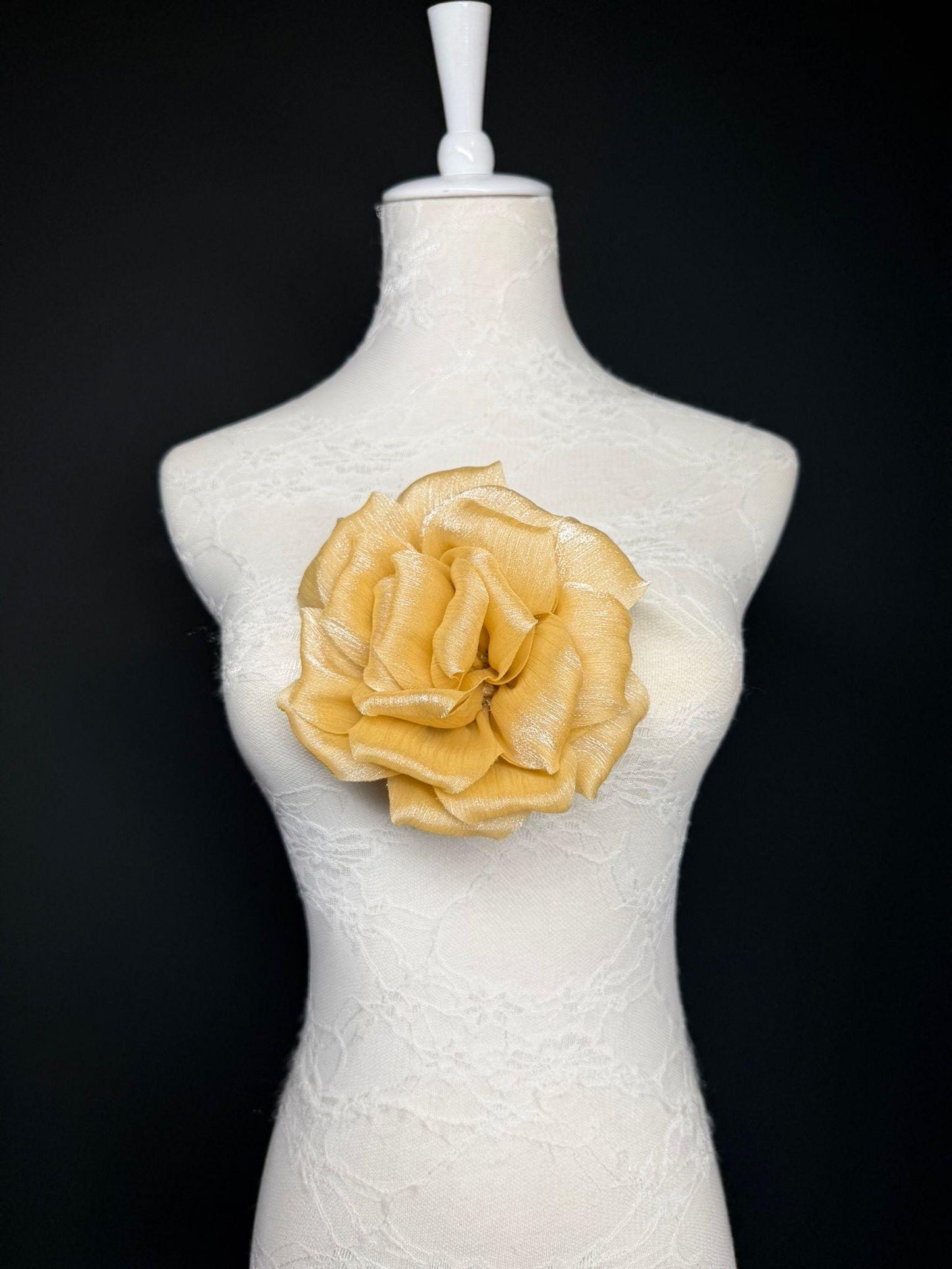Gold Handmade Organza Corsage Flower, Pin-On Brooch (6" Wide)
