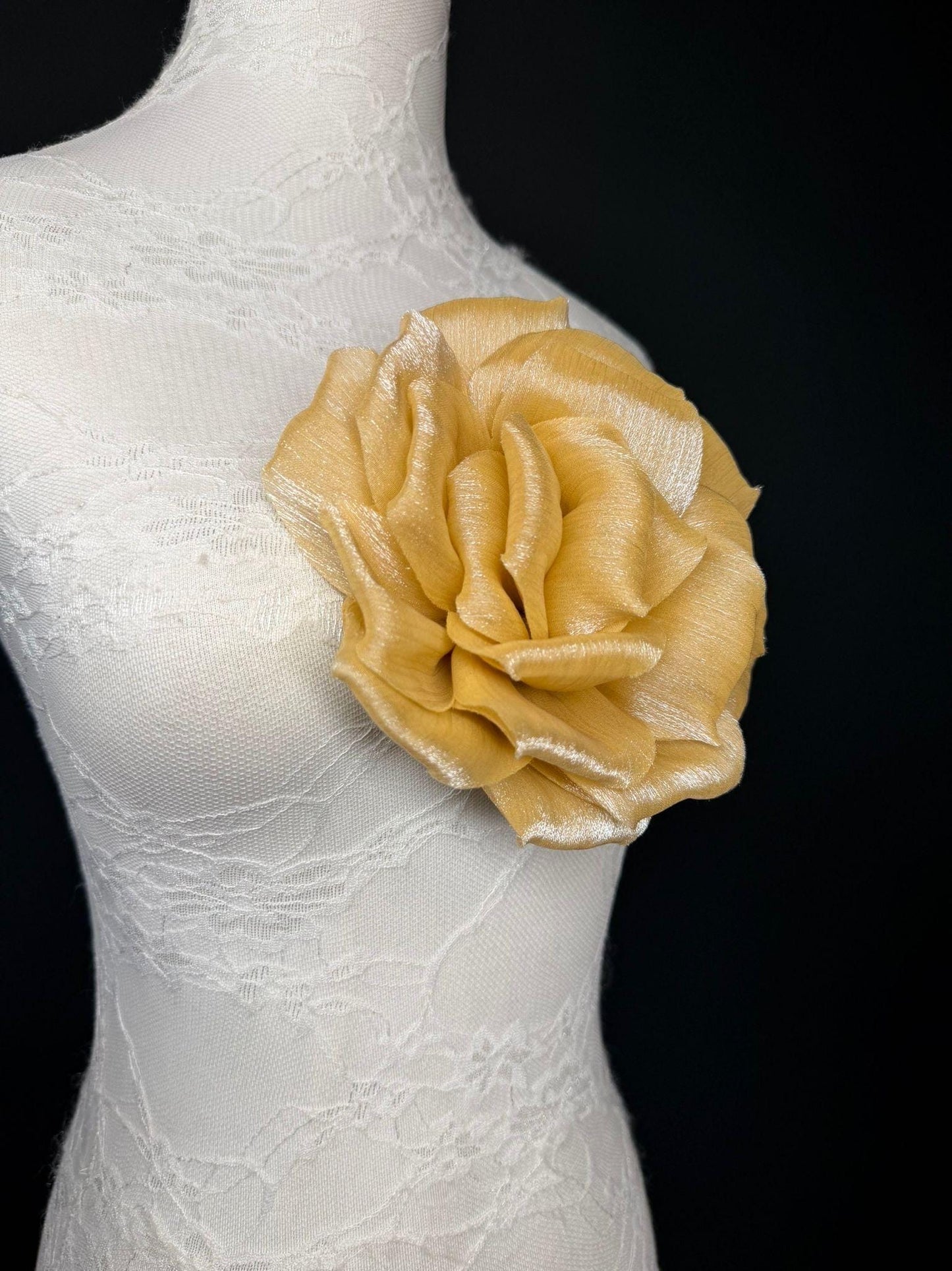 Gold Handmade Organza Corsage Flower, Pin-On Brooch (6" Wide)
