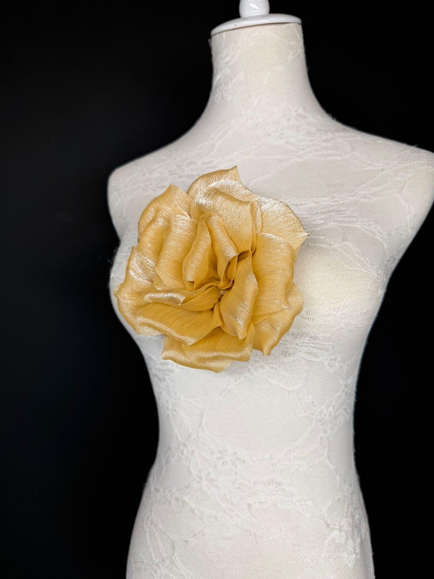 Gold Handmade Organza Corsage Flower, Pin-On Brooch (6" Wide)
