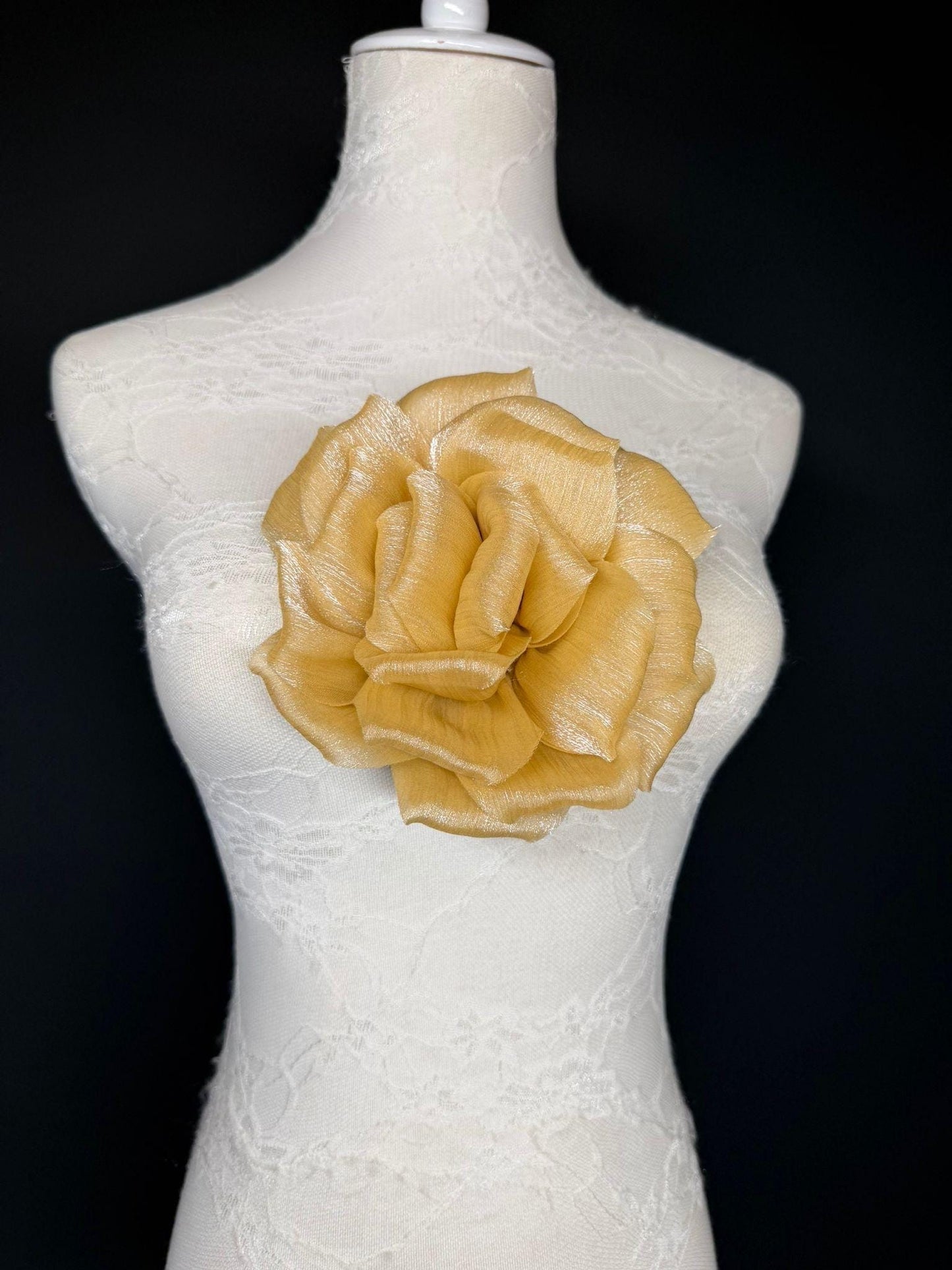 Gold Handmade Organza Corsage Flower, Pin-On Brooch (6" Wide)