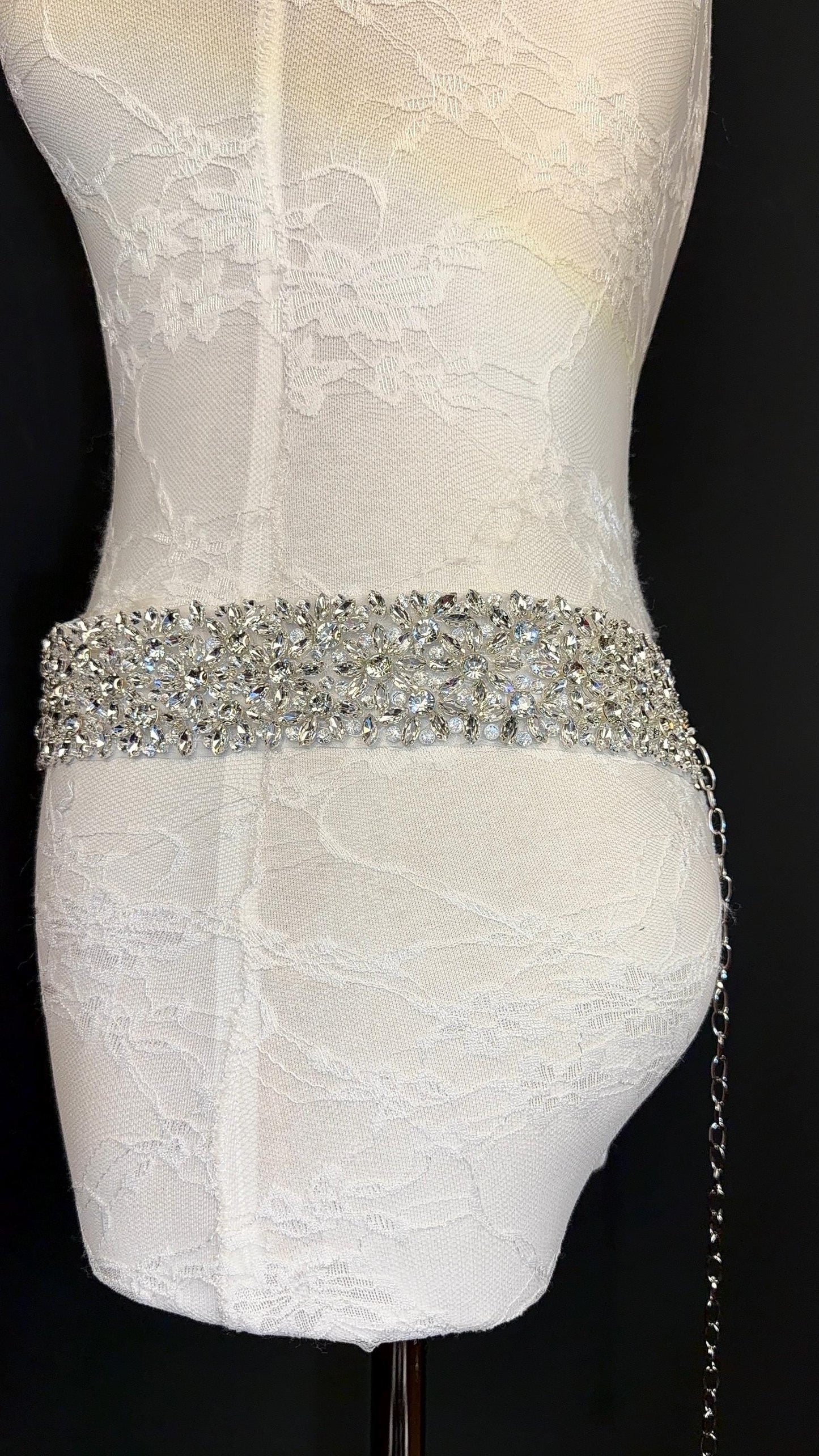 Handmade Crystal Rhinestone Jewel Bridal Belt, Silver Diamanté Sash 5cm 2”