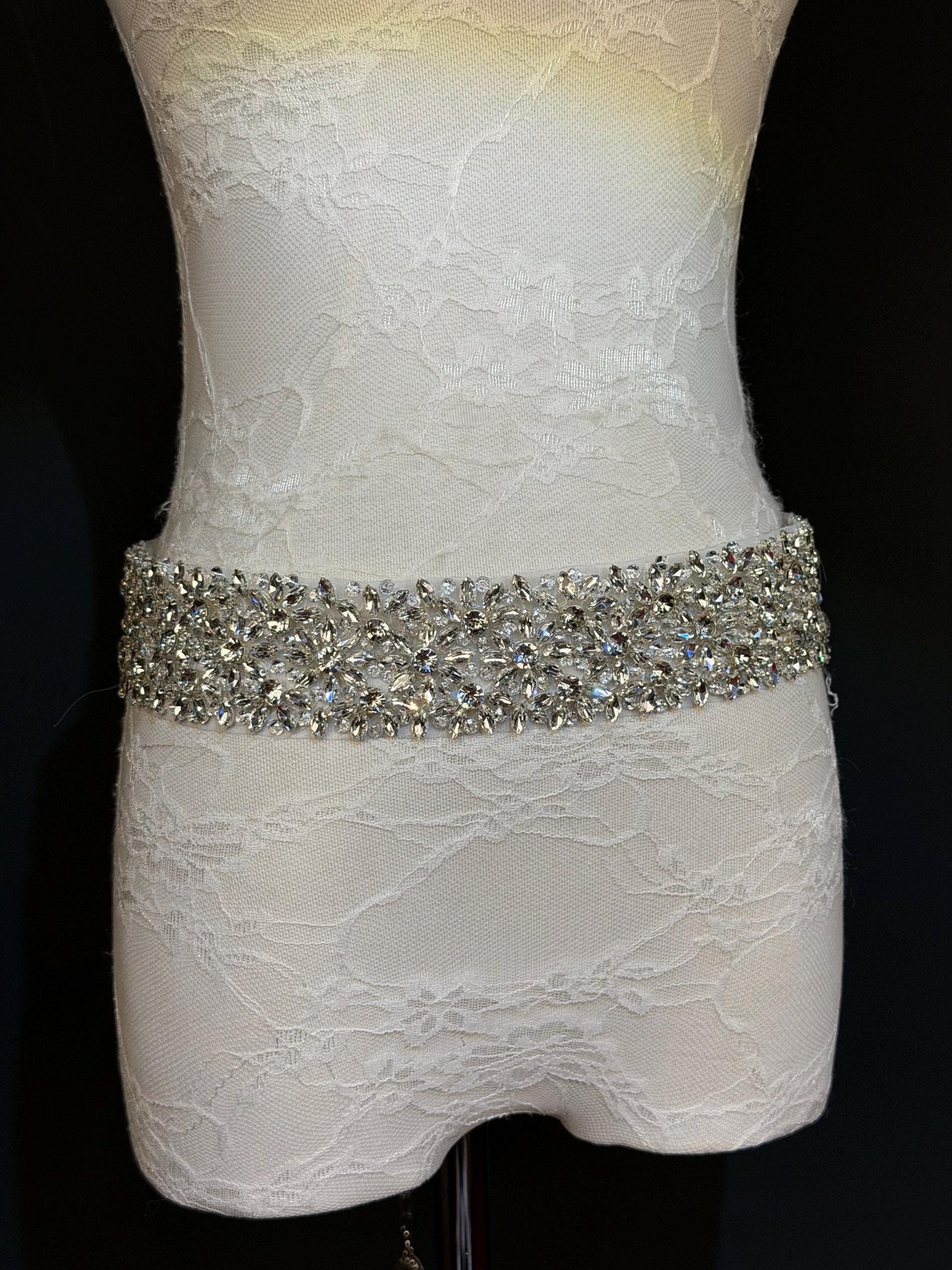 Handmade Crystal Rhinestone Jewel Bridal Belt, Silver Diamanté Sash 5cm 2”