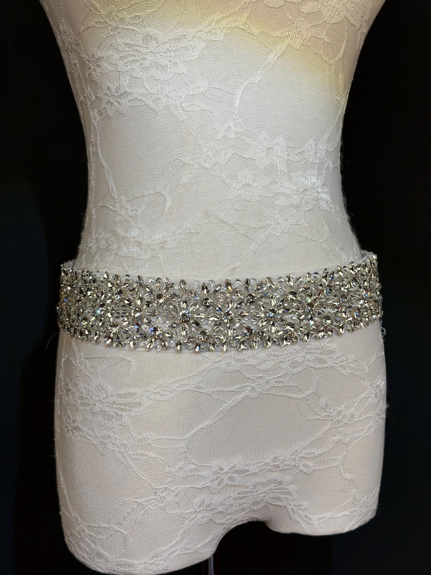 Handmade Crystal Rhinestone Jewel Bridal Belt, Silver Diamanté Sash 5cm 2”