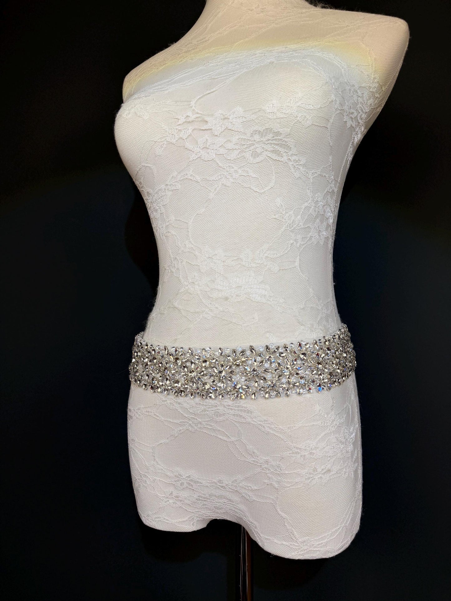 Handmade Crystal Rhinestone Jewel Bridal Belt, Silver Diamanté Sash 5cm 2”