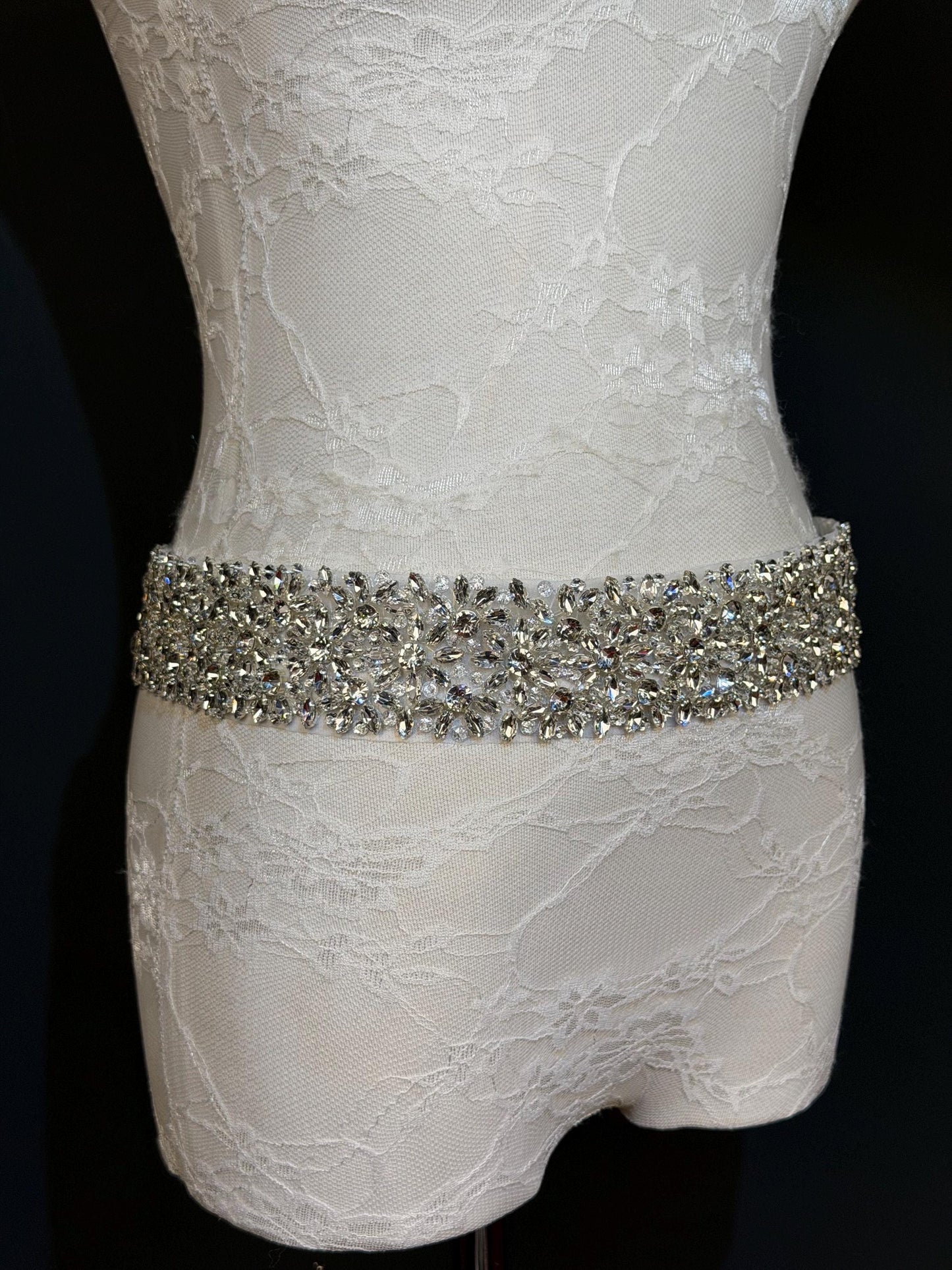 Handmade Crystal Rhinestone Jewel Bridal Belt, Silver Diamanté Sash 5cm 2”