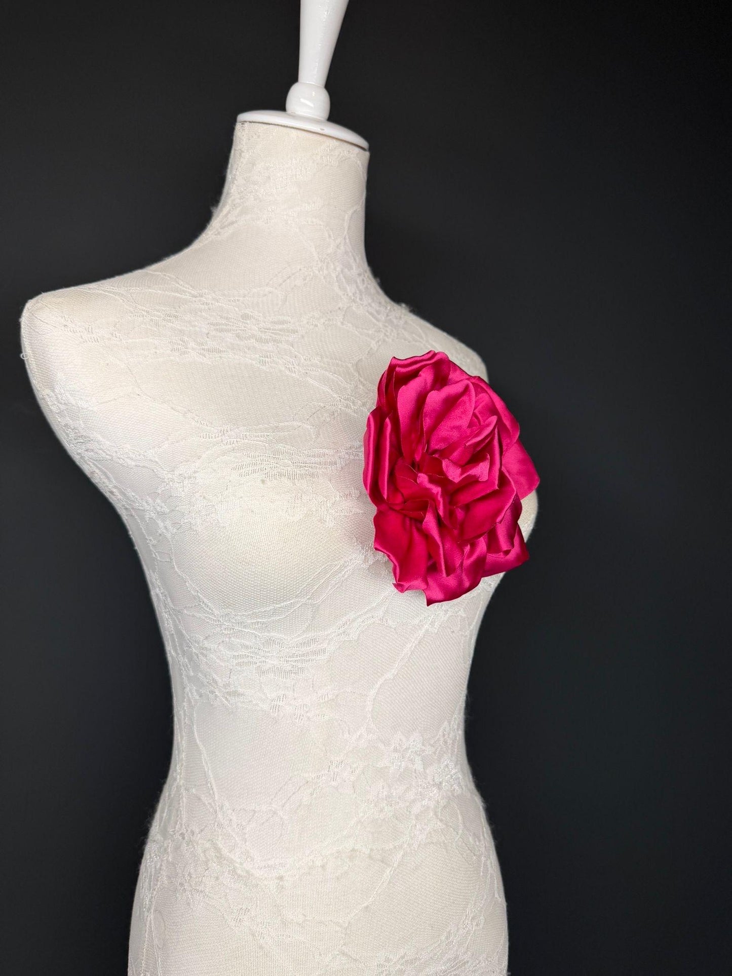 Cerise Handmade Satin Corsage Flower, Pin-On Brooch (6" Wide)