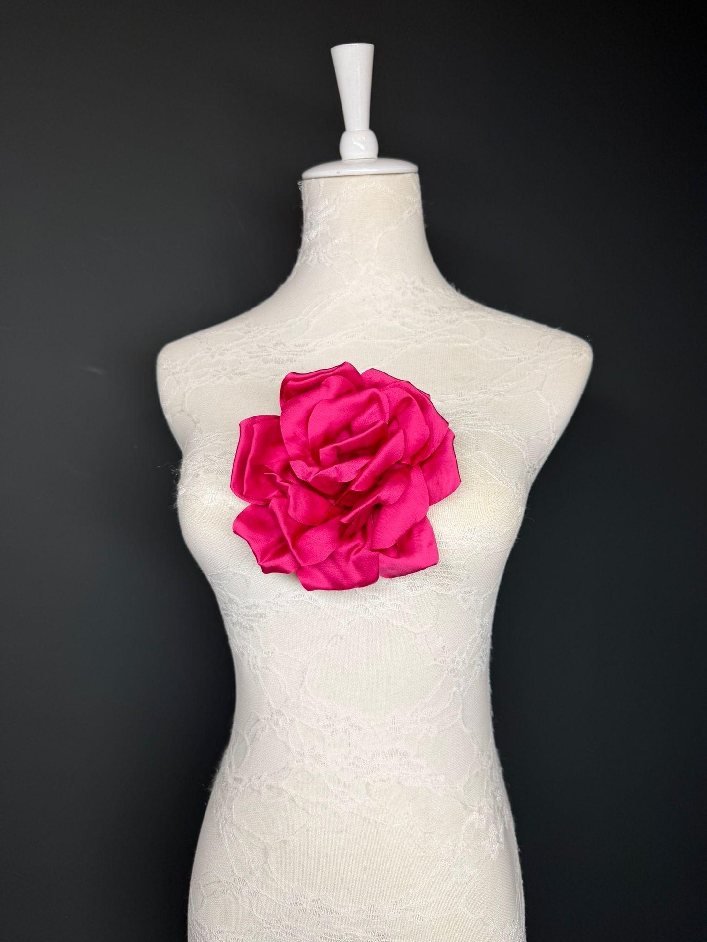 Cerise Handmade Satin Corsage Flower, Pin-On Brooch (6" Wide)