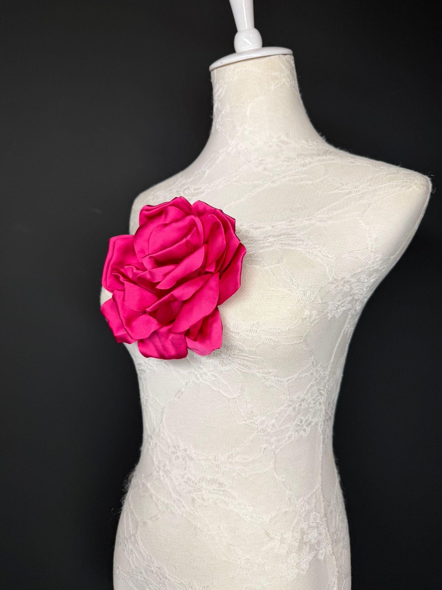 Cerise Handmade Satin Corsage Flower, Pin-On Brooch (6" Wide)