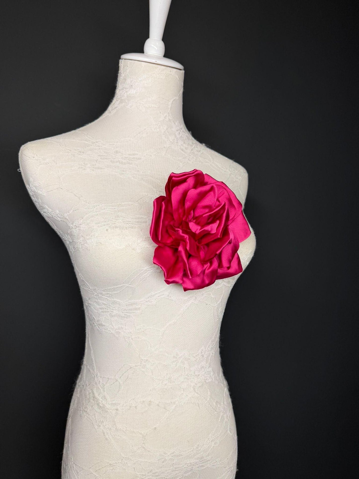 Cerise Handmade Satin Corsage Flower, Pin-On Brooch (6" Wide)