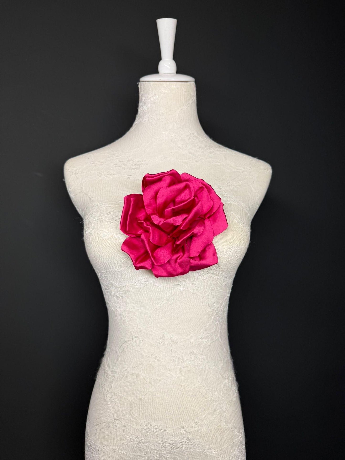 Cerise Handmade Satin Corsage Flower, Pin-On Brooch (6" Wide)
