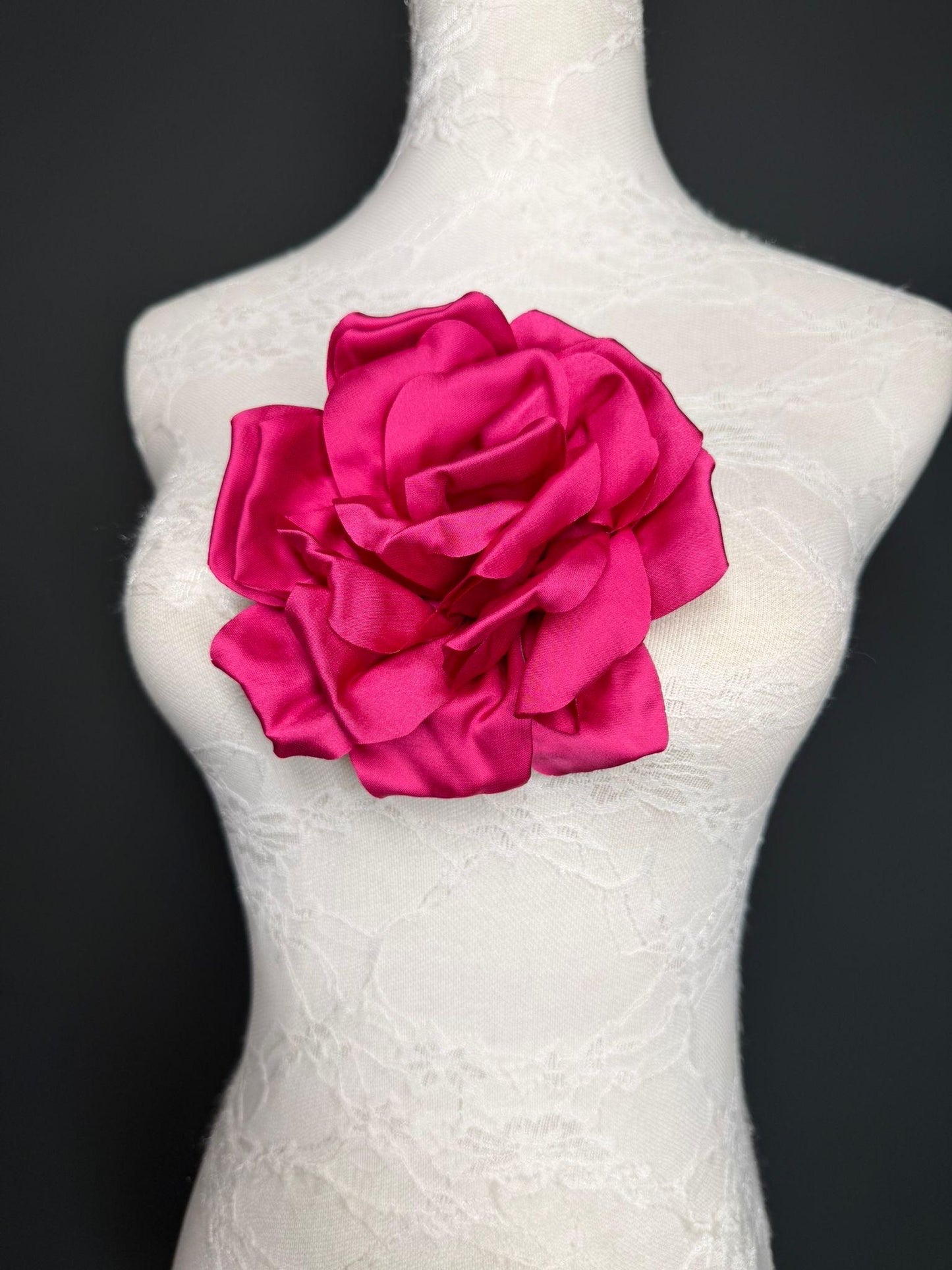 Cerise Handmade Satin Corsage Flower, Pin-On Brooch (6" Wide)