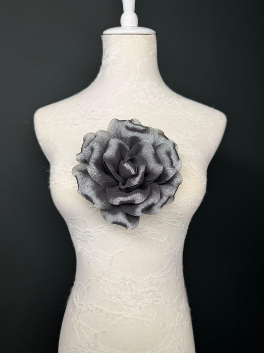 Grey Handmade Organza Corsage Flower, Pin-On Brooch (6" Wide)
