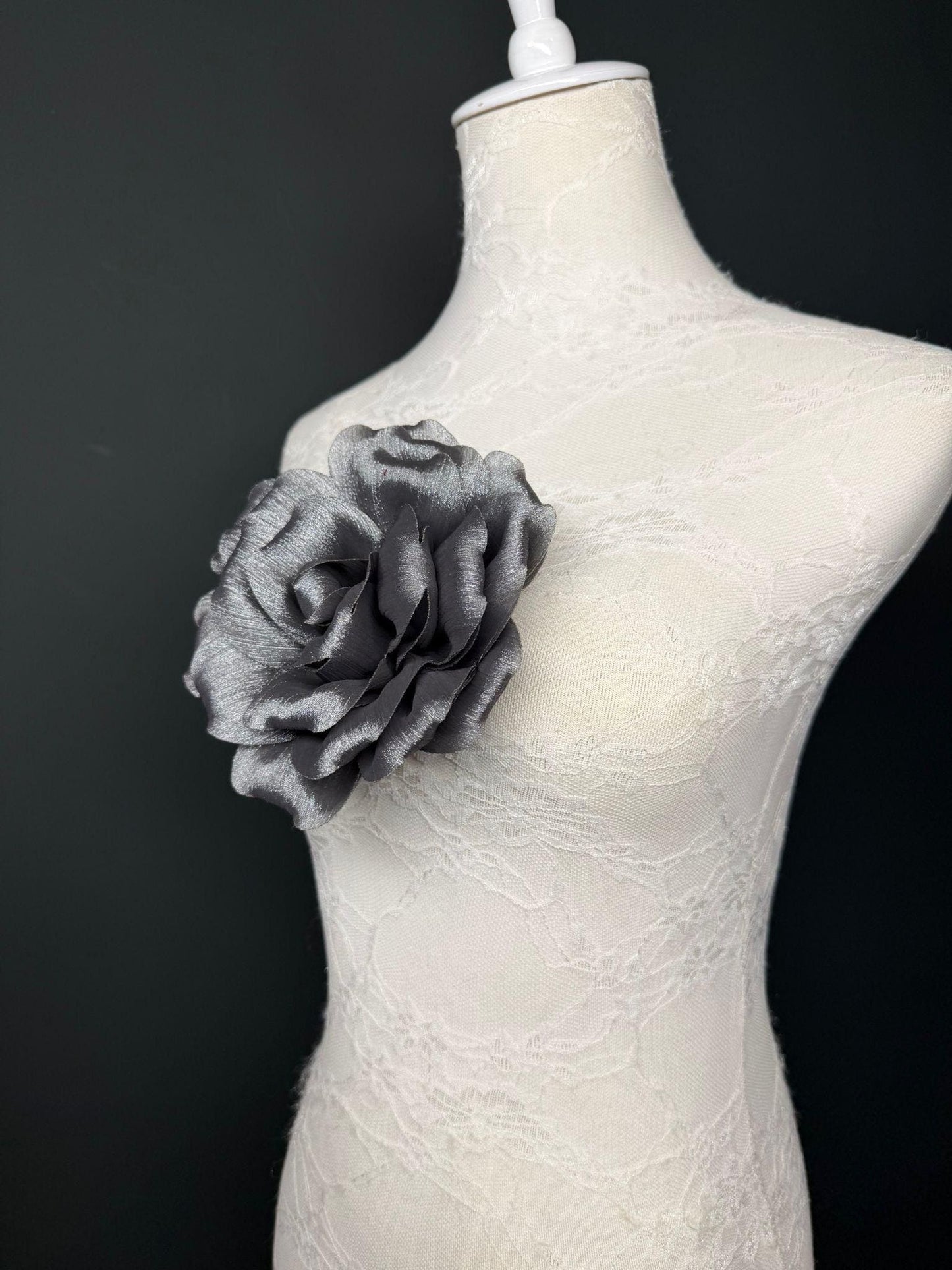 Grey Handmade Organza Corsage Flower, Pin-On Brooch (6" Wide)