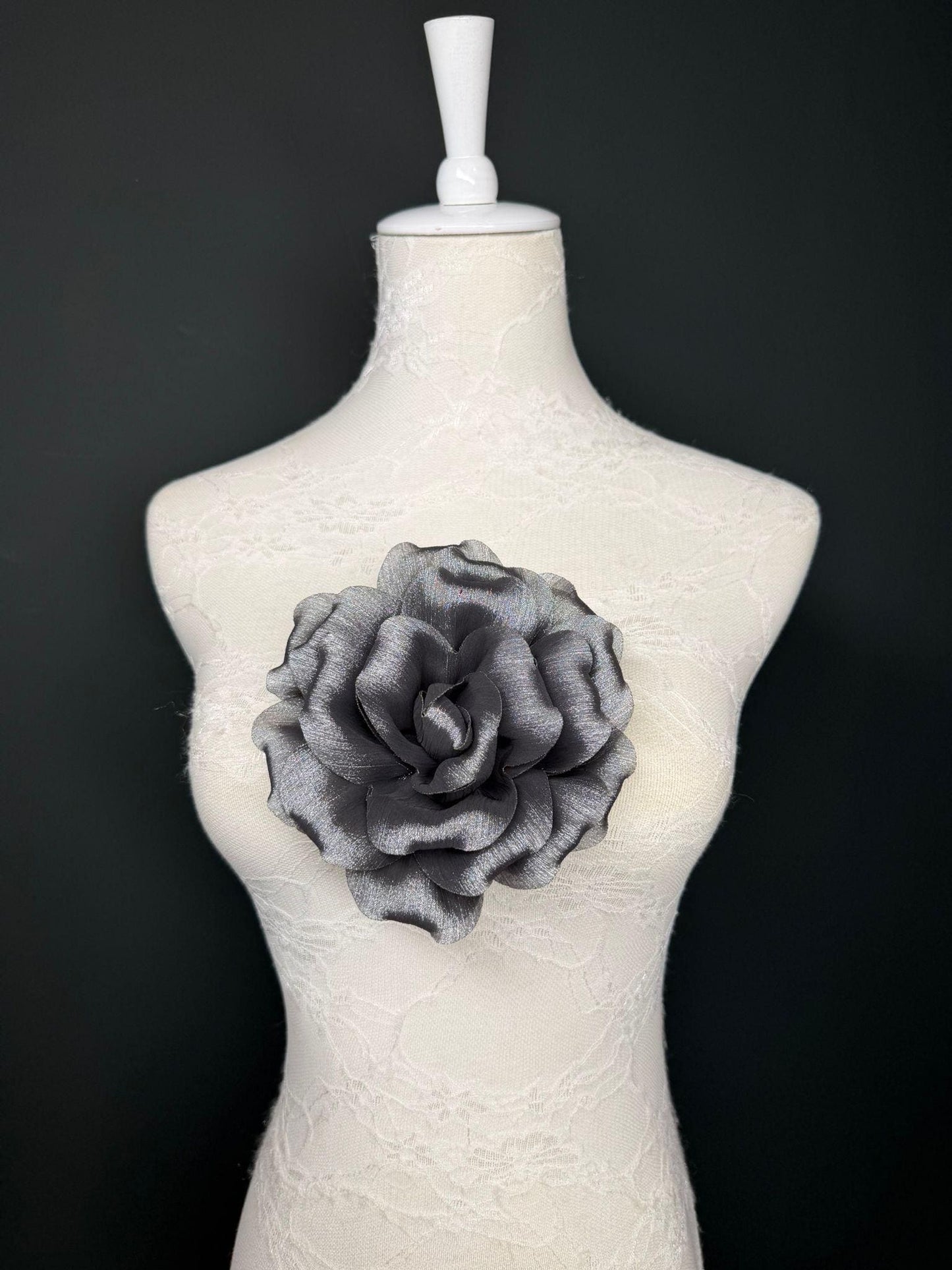 Grey Handmade Organza Corsage Flower, Pin-On Brooch (6" Wide)