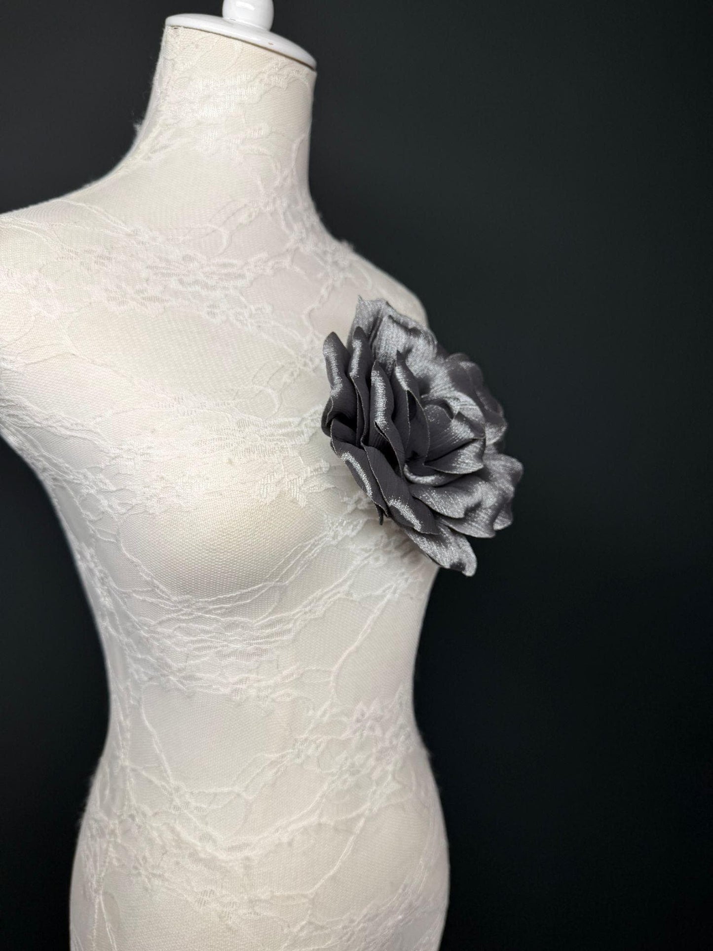 Grey Handmade Organza Corsage Flower, Pin-On Brooch (6" Wide)