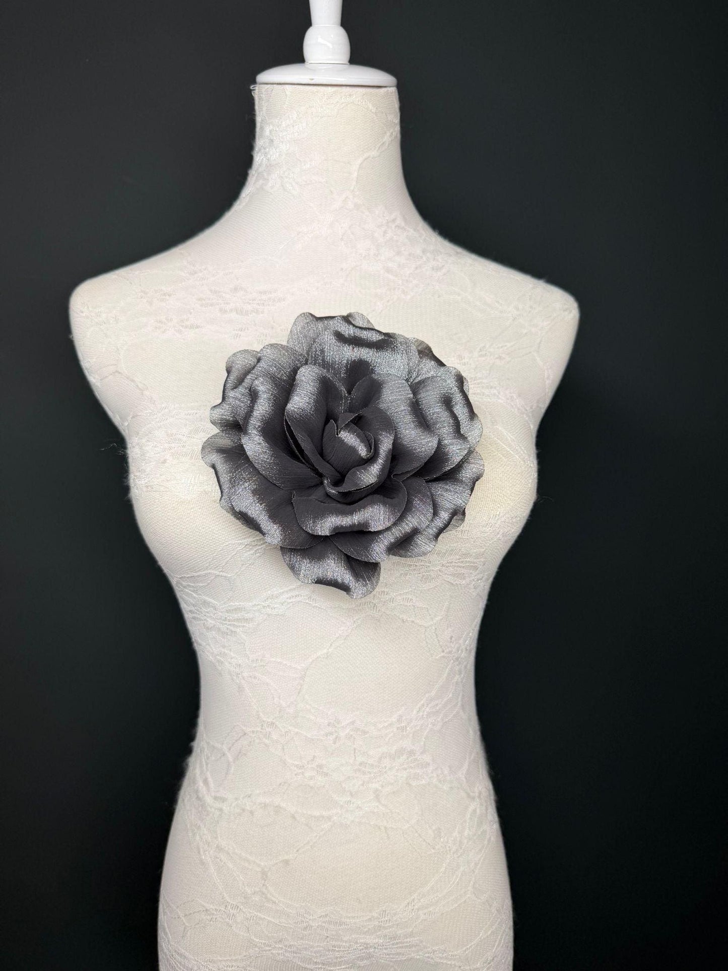 Grey Handmade Organza Corsage Flower, Pin-On Brooch (6" Wide)