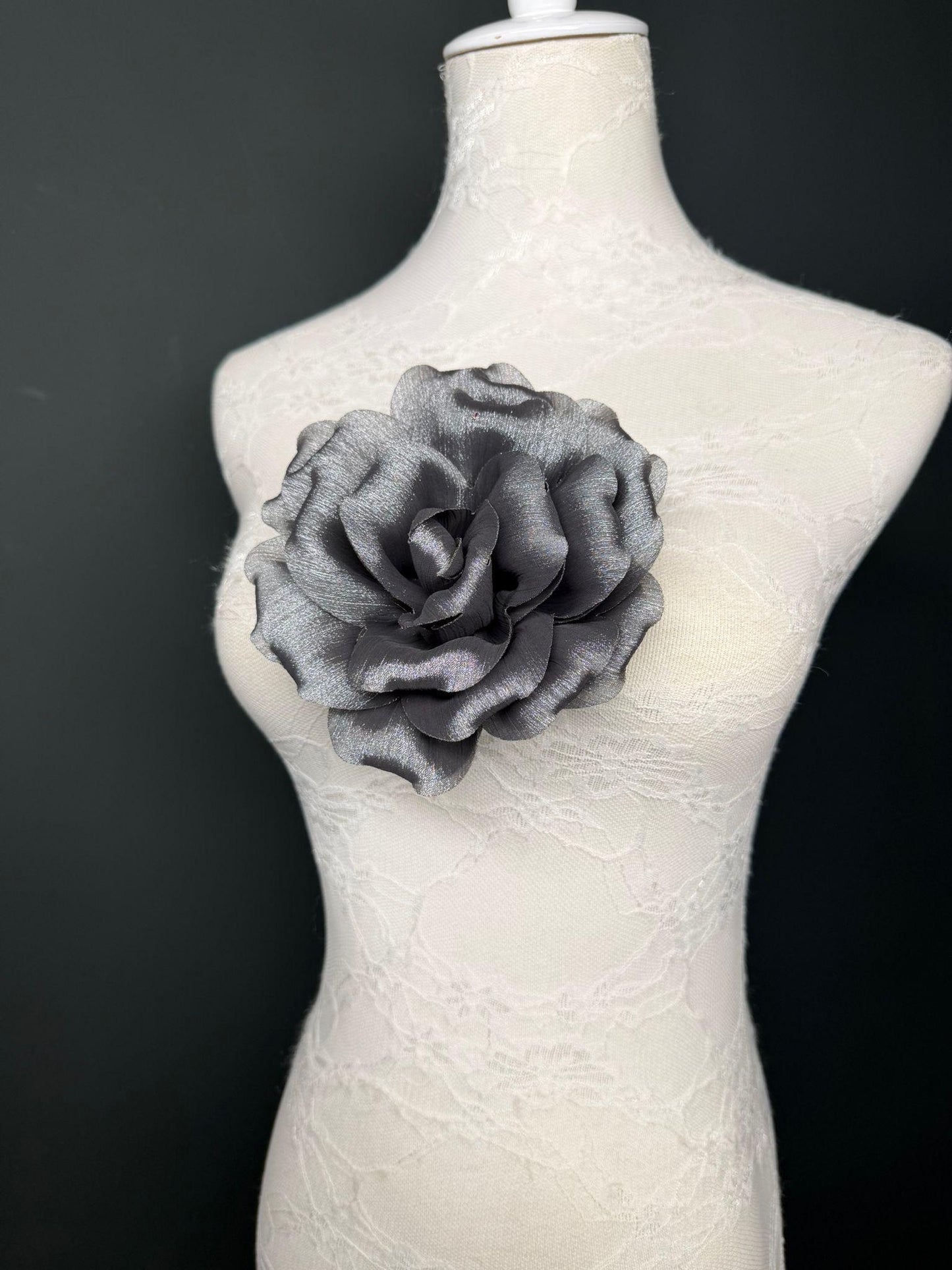 Grey Handmade Organza Corsage Flower, Pin-On Brooch (6" Wide)