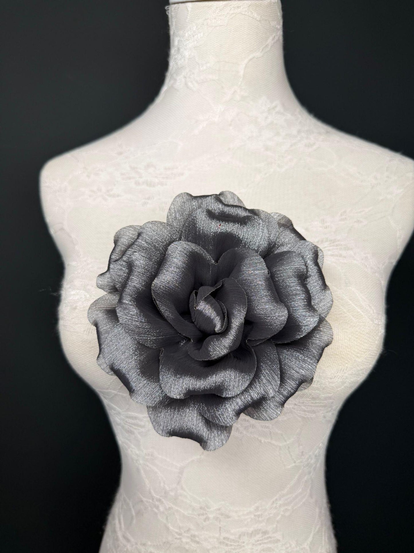 Grey Handmade Organza Corsage Flower, Pin-On Brooch (6" Wide)