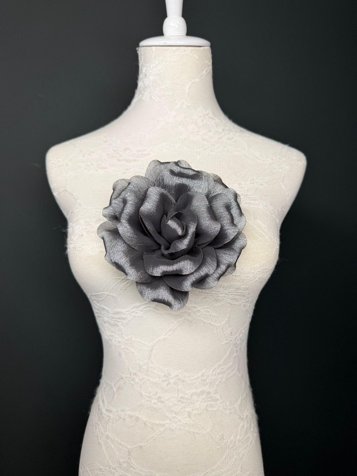 Grey Handmade Organza Corsage Flower, Pin-On Brooch (6" Wide)