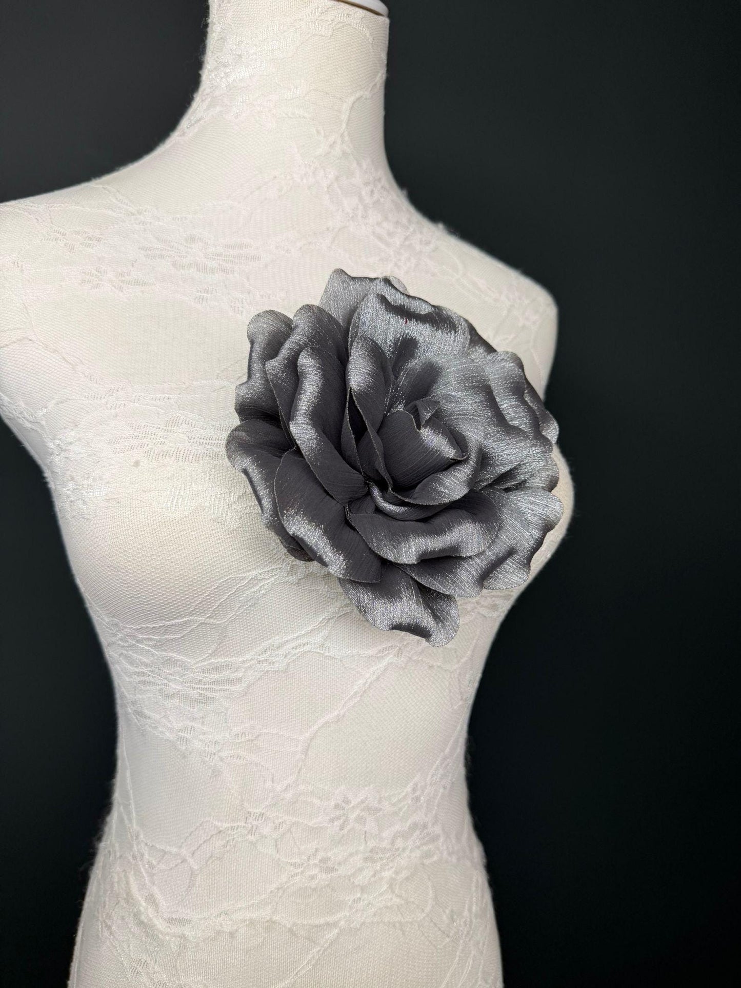 Grey Handmade Organza Corsage Flower, Pin-On Brooch (6" Wide)