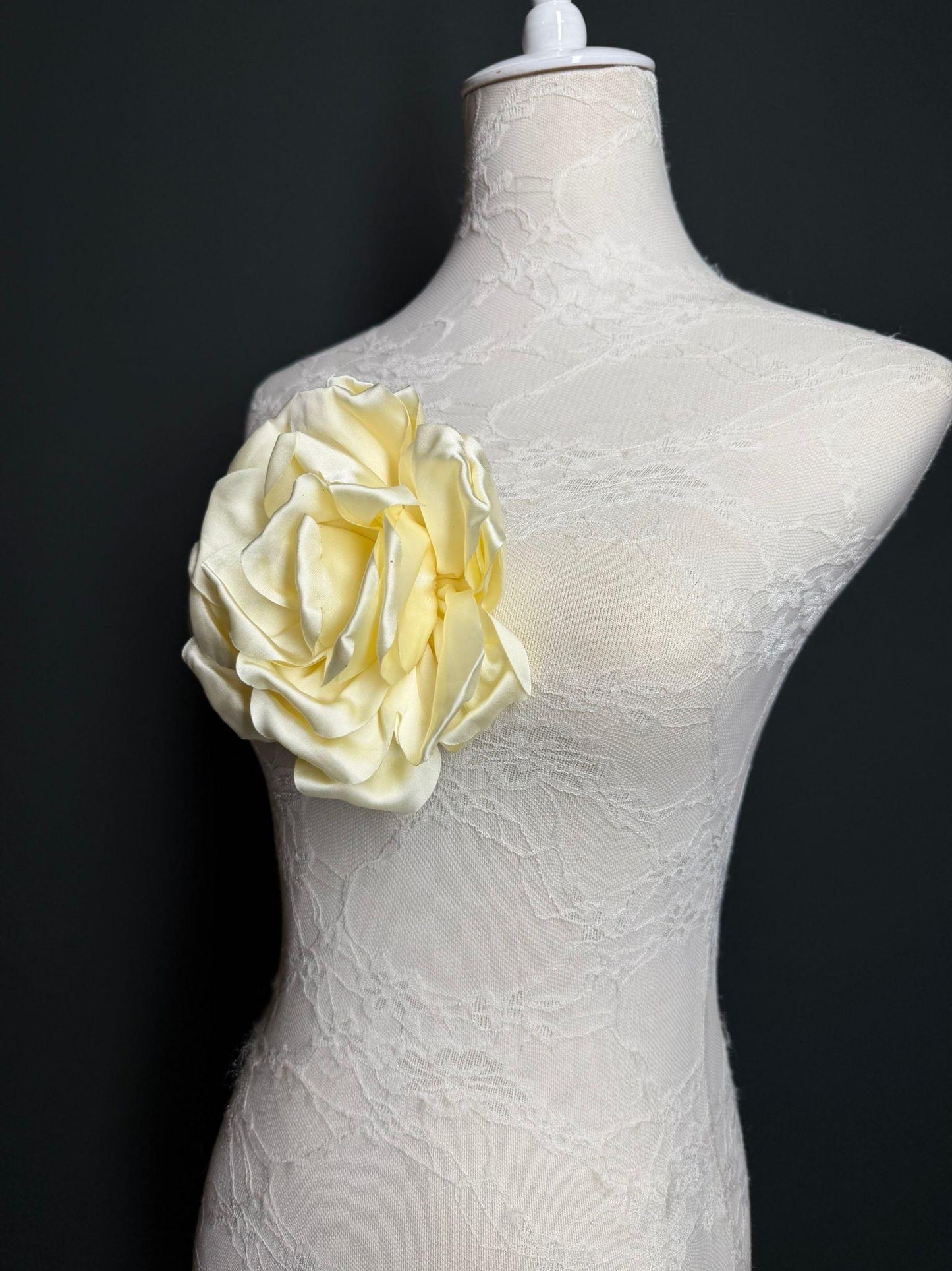 Cream Handmade Satin Corsage Flower, Pin-On Brooch (6" Wide)