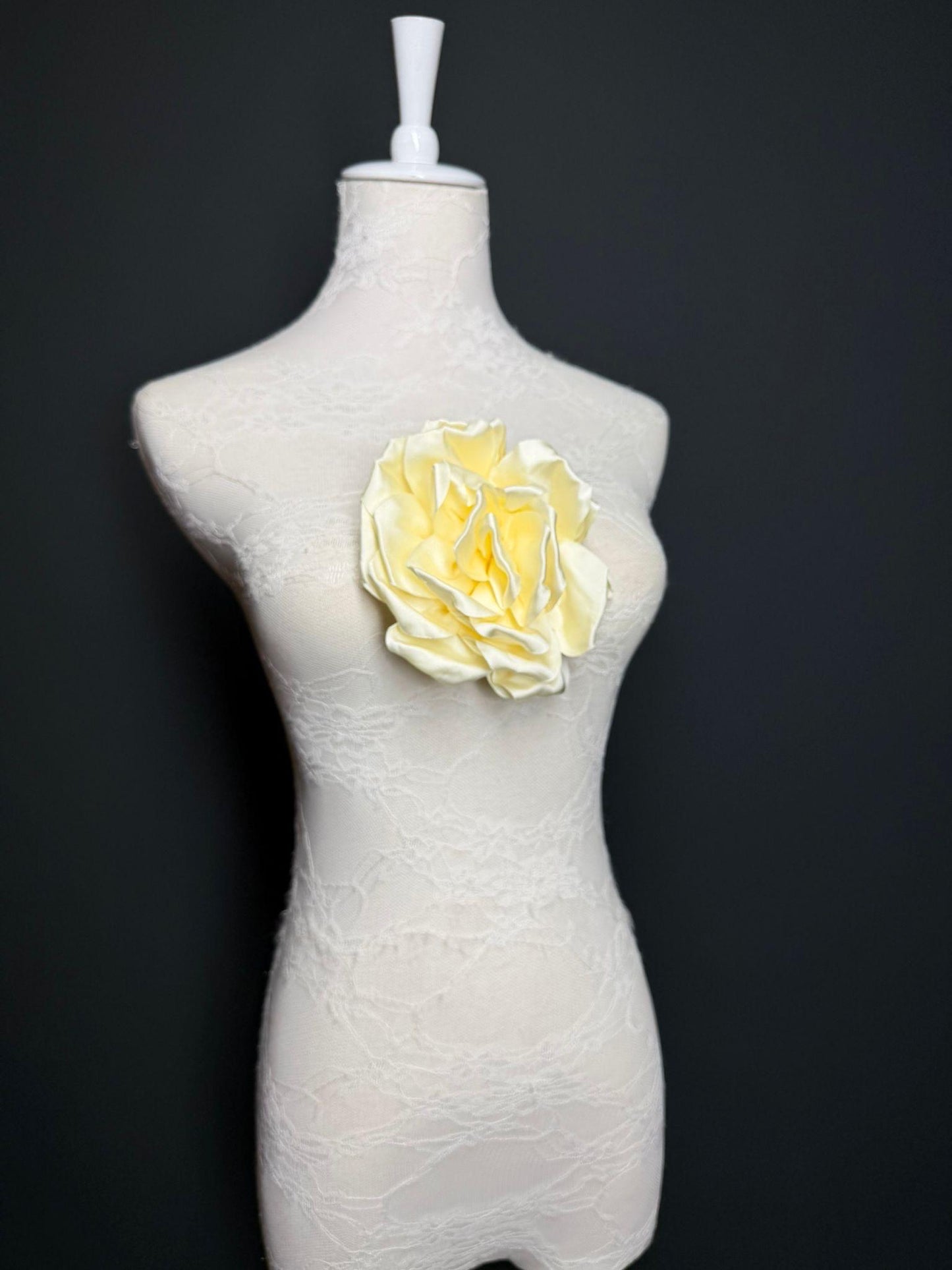 Cream Handmade Satin Corsage Flower, Pin-On Brooch (6" Wide)